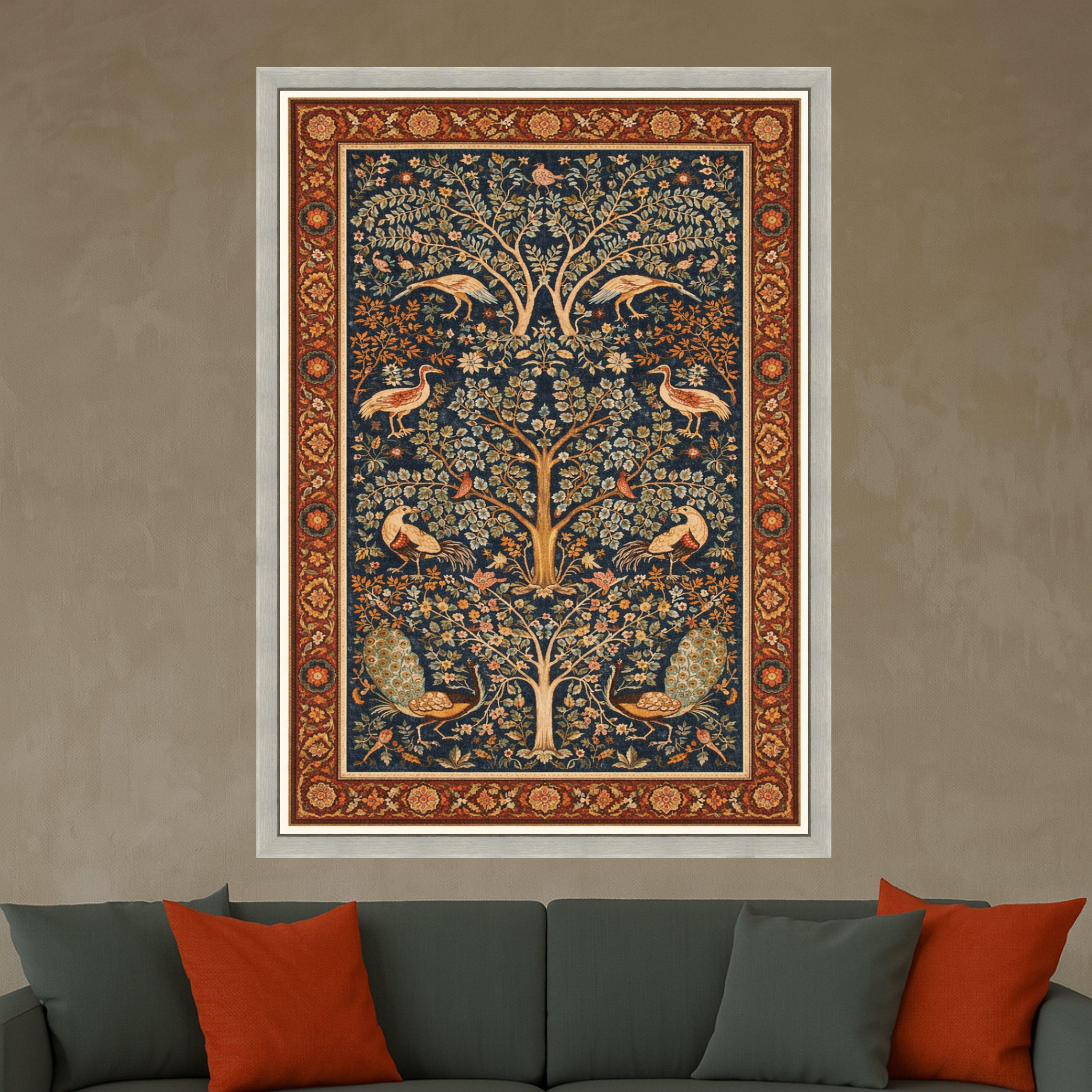Ornate Tree of Life Canvas, Vintage Peacock & Crane Wall Art, Floral Botanical Tapestry Design, Elegant Nature Canvas Ready To Hang,
