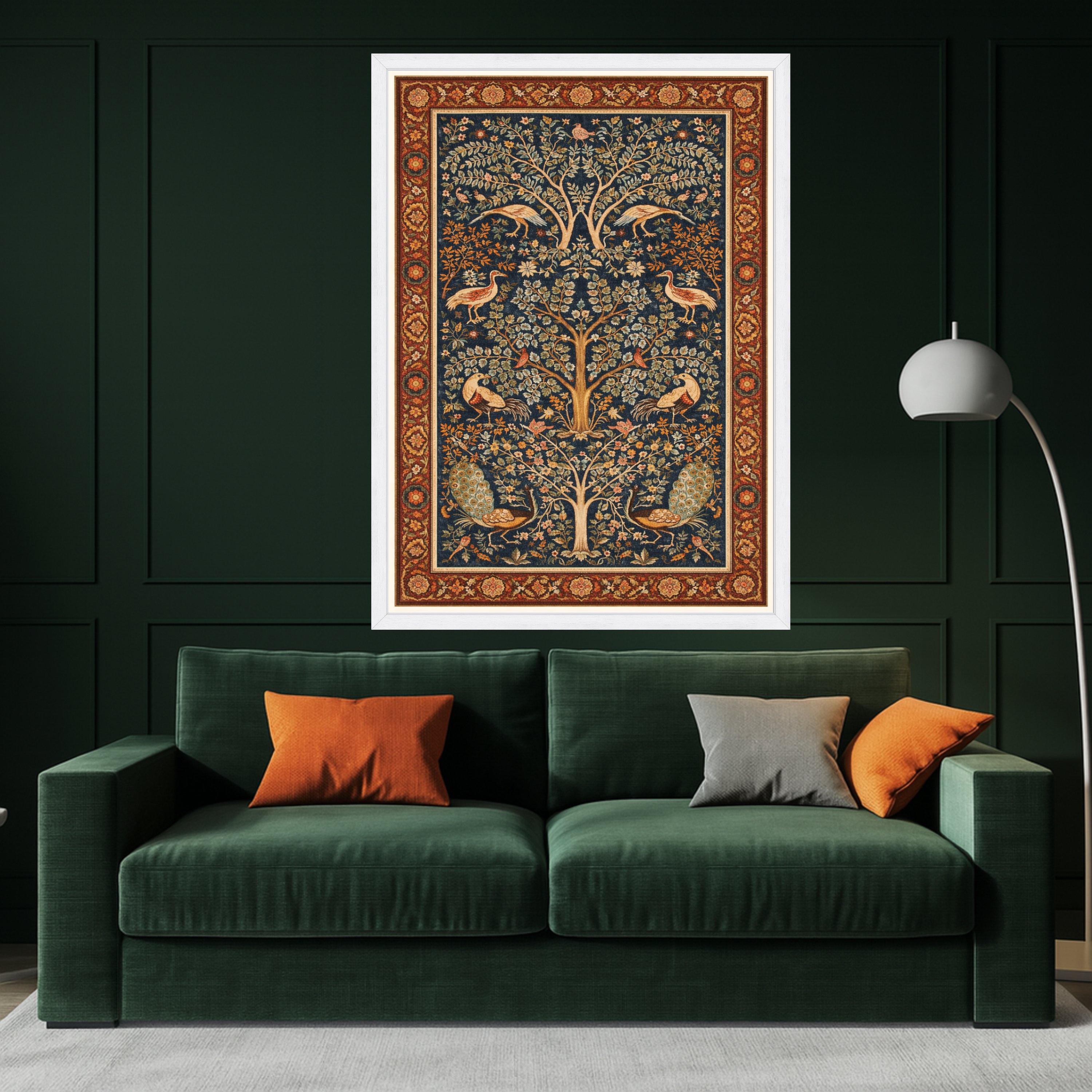 Ornate Tree of Life Canvas, Vintage Peacock & Crane Wall Art, Floral Botanical Tapestry Design, Elegant Nature Canvas Ready To Hang,