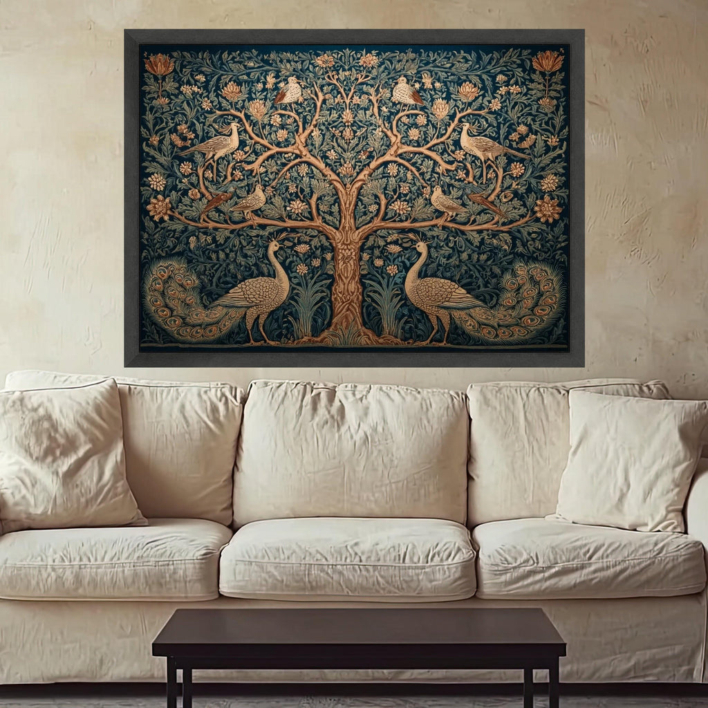Ornate Tree of Life Canvas, Vintage Peacock & Floral Wall Art, Botanical Nature Tapestry Design, Elegant Living Room Ready To Hang,