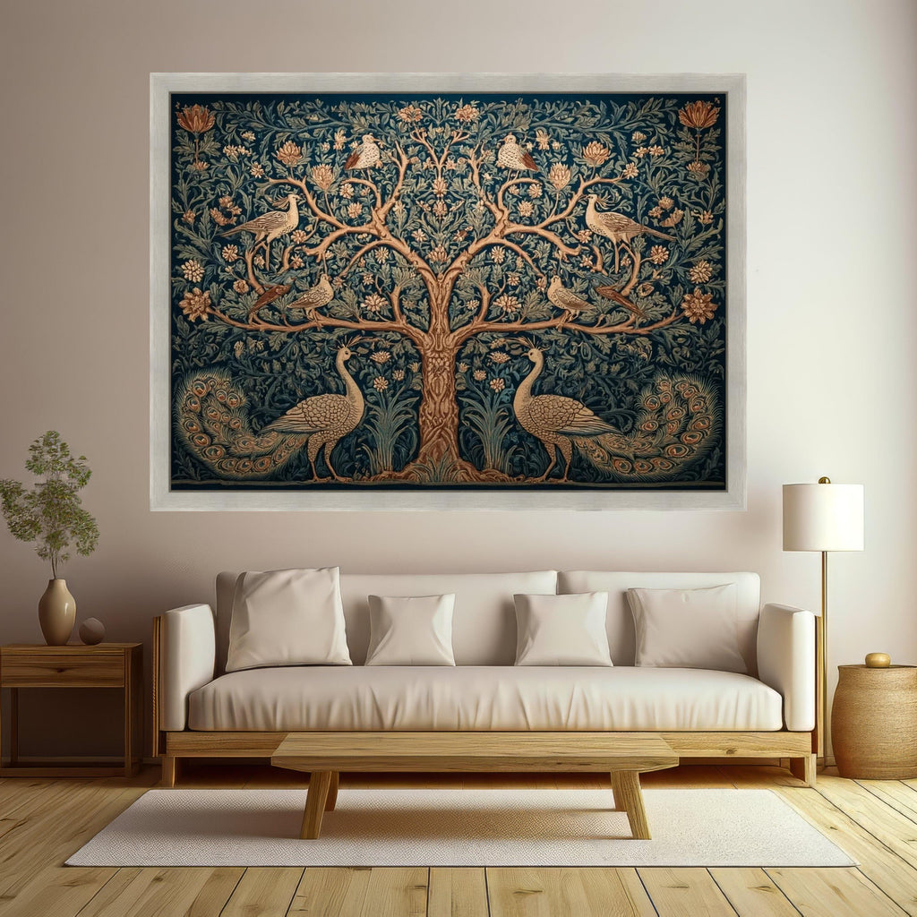 Ornate Tree of Life Canvas, Vintage Peacock & Floral Wall Art, Botanical Nature Tapestry Design, Elegant Living Room Ready To Hang,