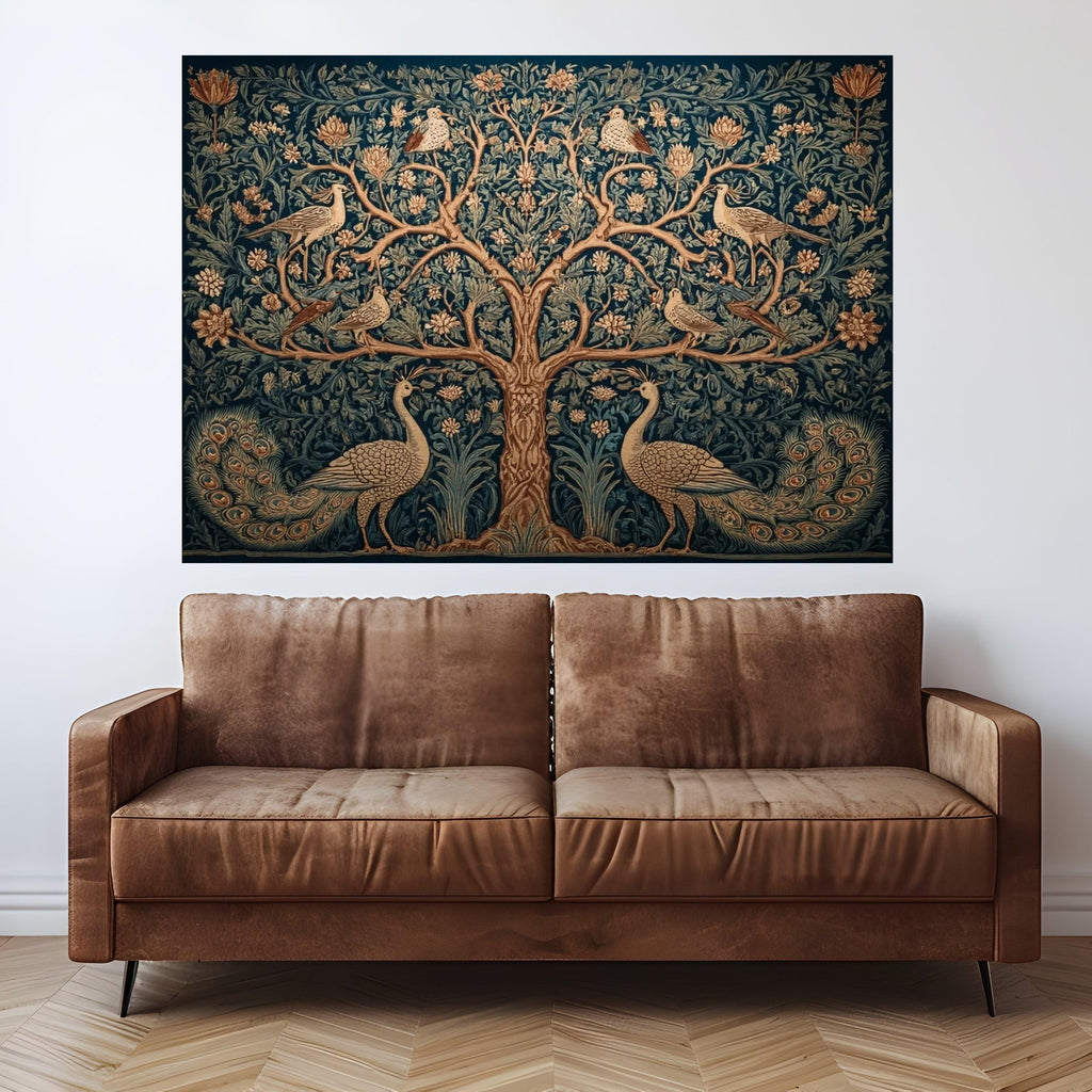 Ornate Tree of Life Canvas, Vintage Peacock & Floral Wall Art, Botanical Nature Tapestry Design, Elegant Living Room Ready To Hang,