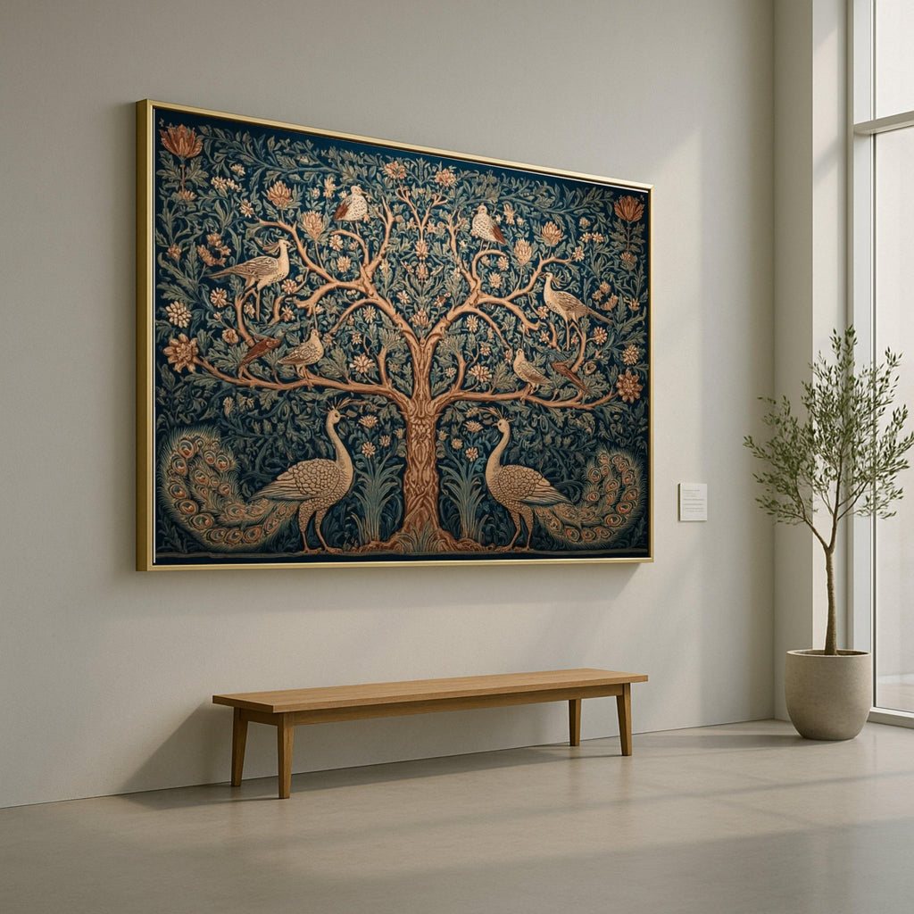 Ornate Tree of Life Canvas, Vintage Peacock & Floral Wall Art, Botanical Nature Tapestry Design, Elegant Living Room Ready To Hang,