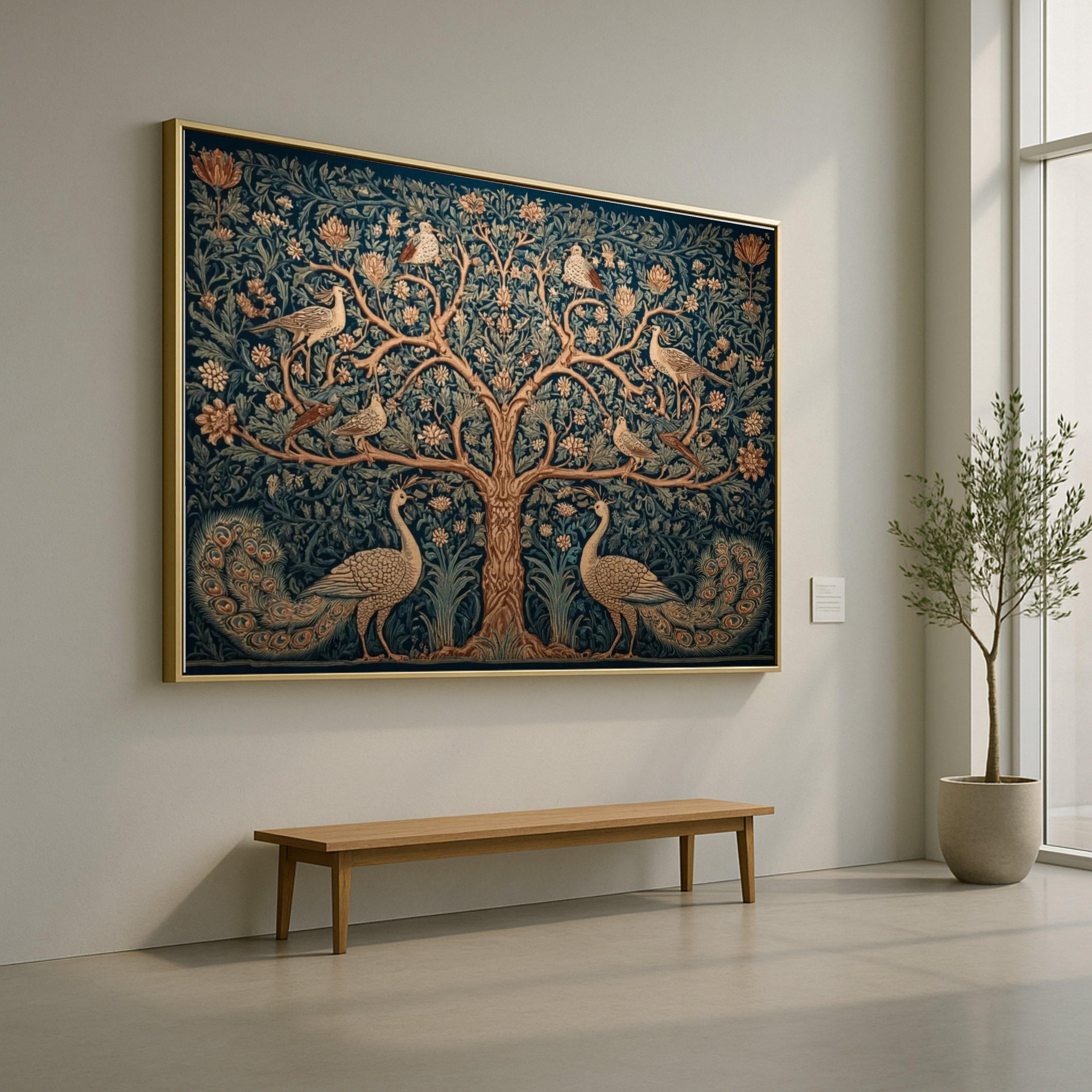 Ornate Tree of Life Canvas, Vintage Peacock & Floral Wall Art, Botanical Nature Tapestry Design, Elegant Living Room Ready To Hang,