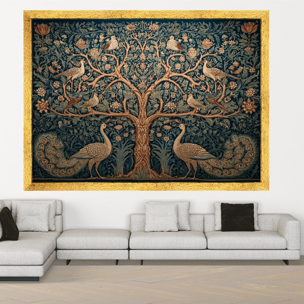 Ornate Tree of Life Canvas, Vintage Peacock & Floral Wall Art, Botanical Nature Tapestry Design, Elegant Living Room Ready To Hang,