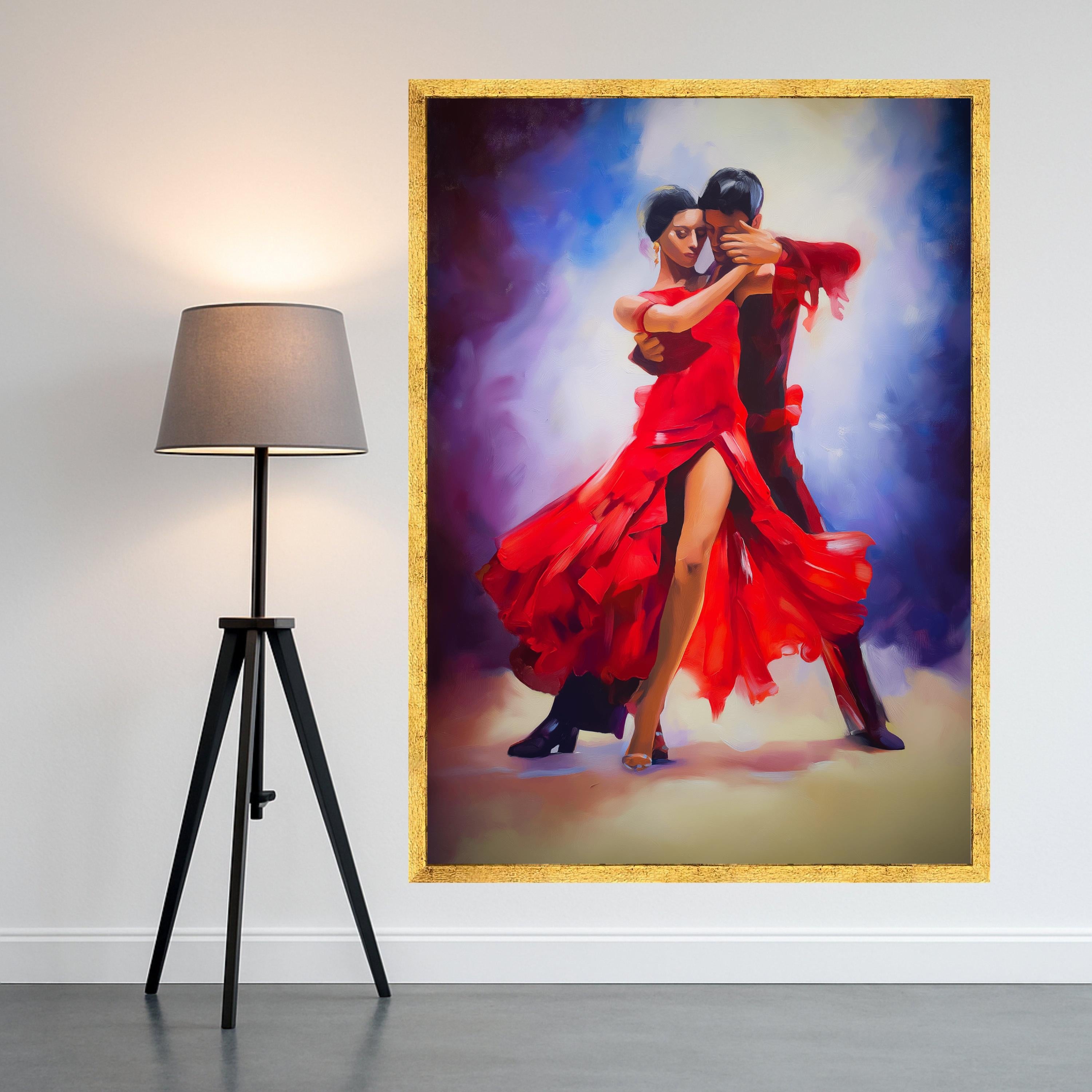 Passionate Dance Couple, Red Dress Canvas, Tango Wall Art, Romantic Dance Print, Home Decor Canvas Ready To Hang,