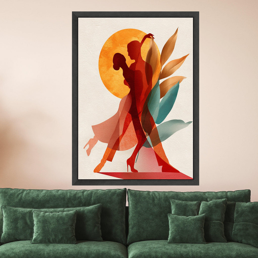 Abstract Couple Dance Canvas, Modern Wall Art, Romantic Silhouette Print, Botanical Shapes Decor, Contemporary Canvas Art Ready To Hang,