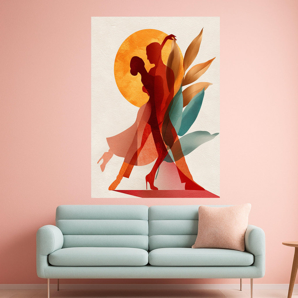 Abstract Couple Dance Canvas, Modern Wall Art, Romantic Silhouette Print, Botanical Shapes Decor, Contemporary Canvas Art Ready To Hang,