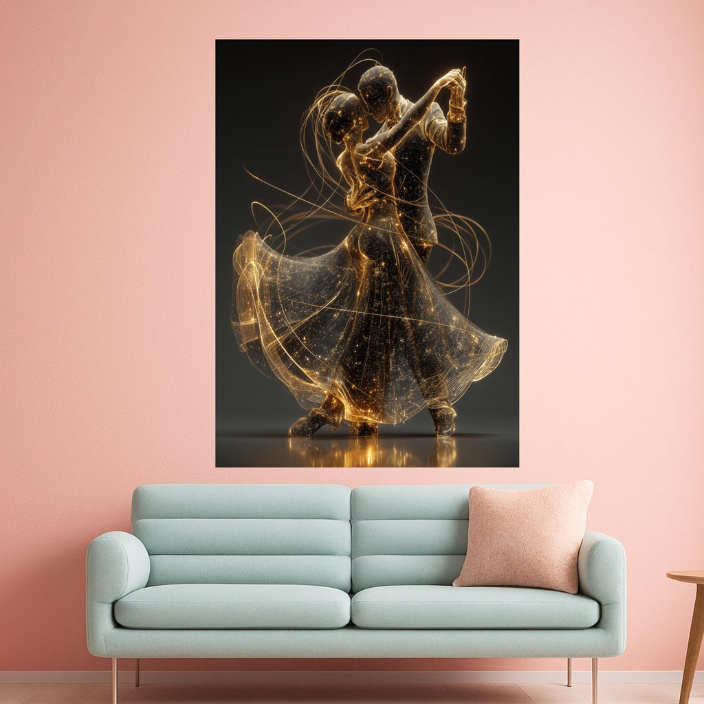 Romantic Dancing Couple, Gold Light Art, Digital Dance Canvas, Elegant Wall Decor, Modern Home Art Print Ready To Hang,