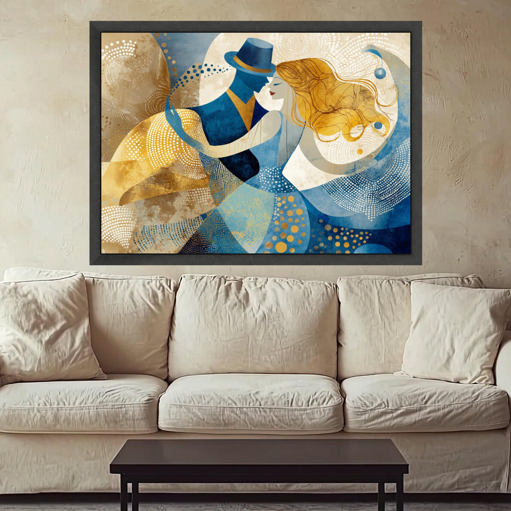 Dancing Couple Abstract, Romantic Canvas Art, Blue Gold Wall Print, Modern Home Decor, Love Theme Artwork Ready To Hang,