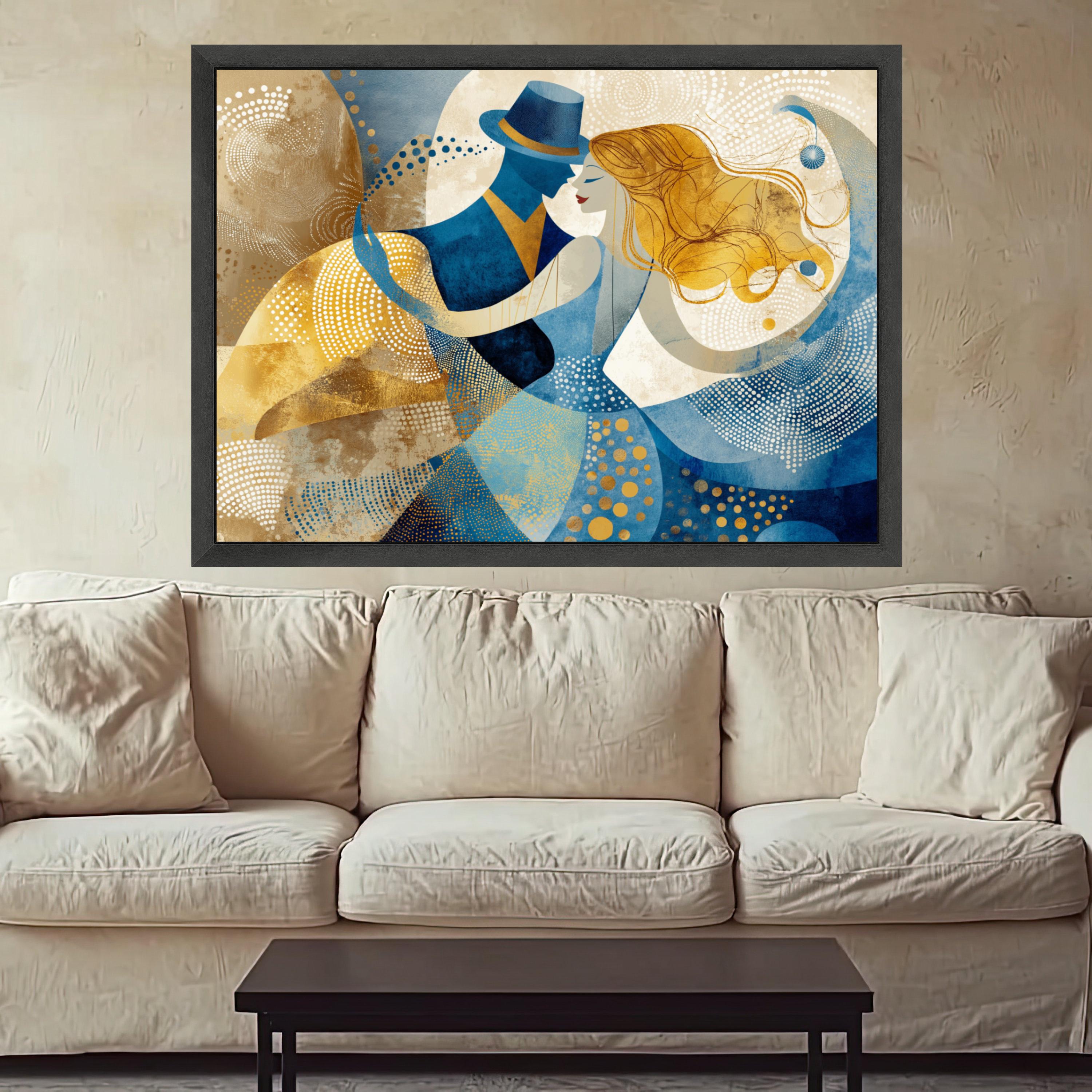 Dancing Couple Abstract, Romantic Canvas Art, Blue Gold Wall Print, Modern Home Decor, Love Theme Artwork Ready To Hang,