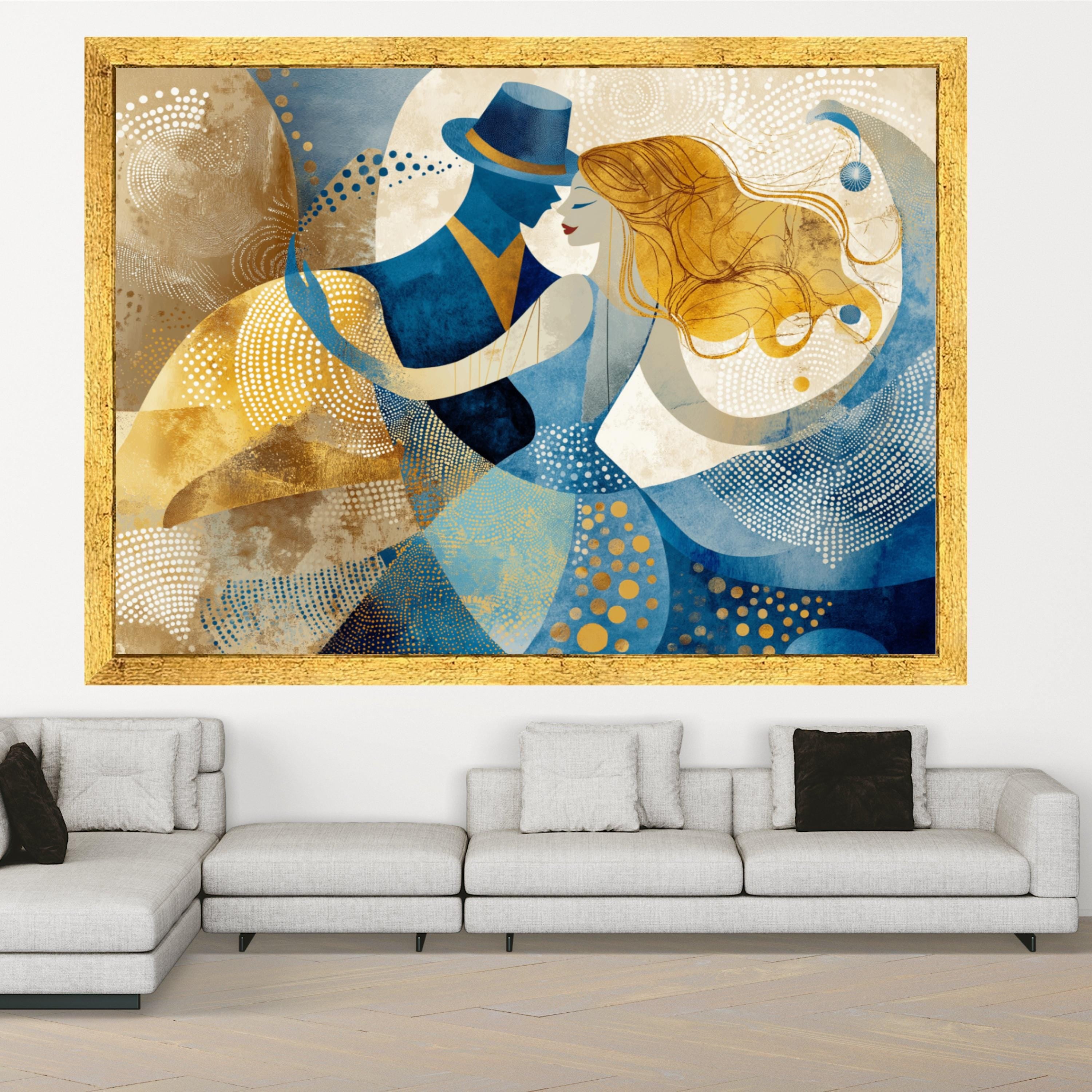 Dancing Couple Abstract, Romantic Canvas Art, Blue Gold Wall Print, Modern Home Decor, Love Theme Artwork Ready To Hang,
