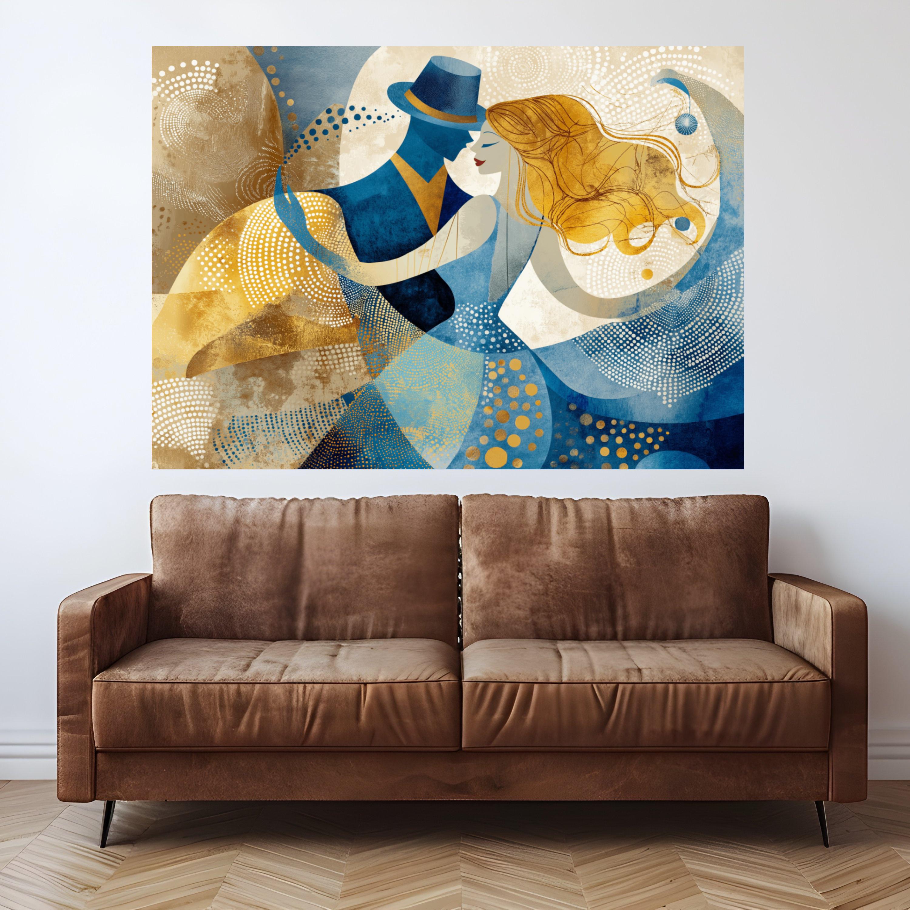 Dancing Couple Abstract, Romantic Canvas Art, Blue Gold Wall Print, Modern Home Decor, Love Theme Artwork Ready To Hang,