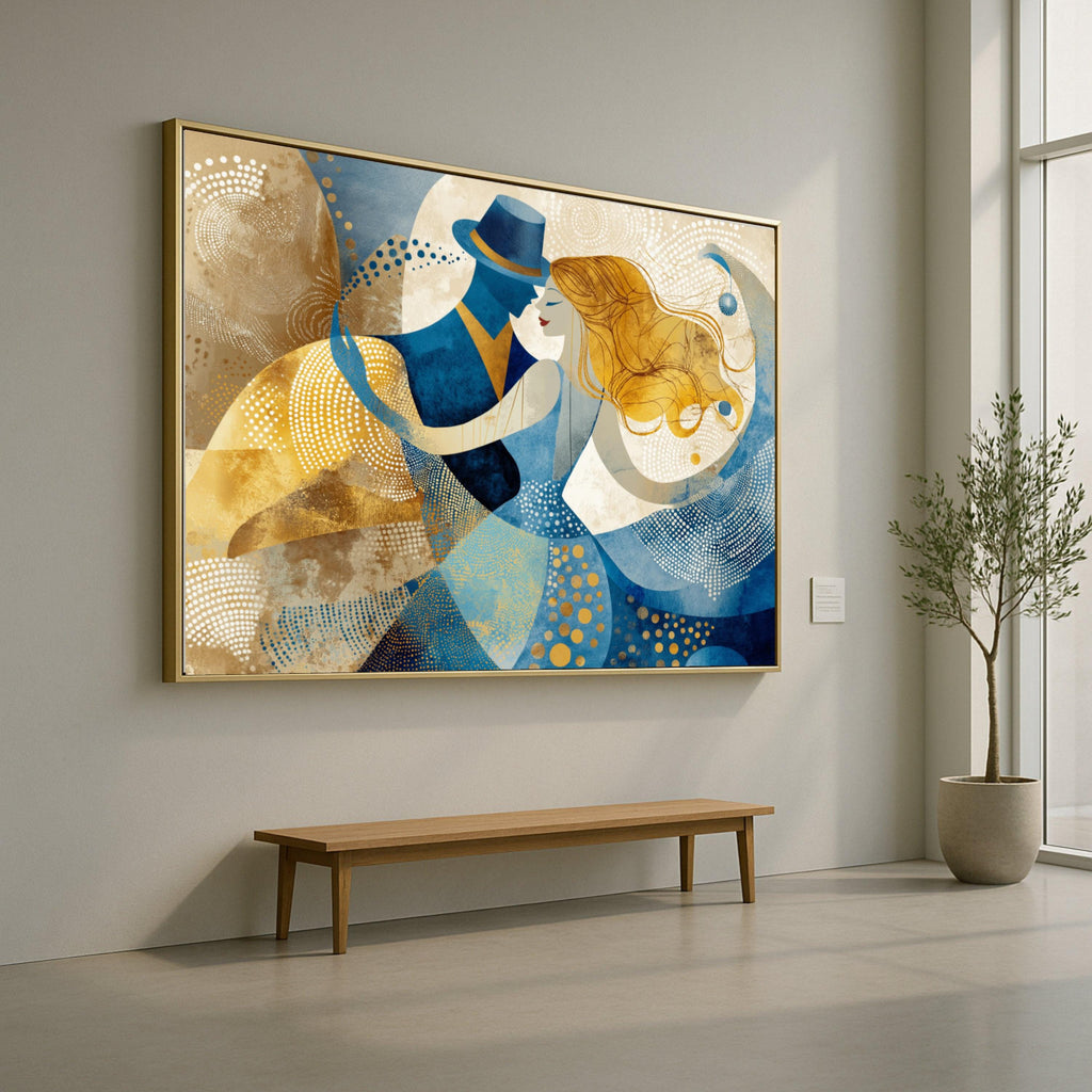 Dancing Couple Abstract, Romantic Canvas Art, Blue Gold Wall Print, Modern Home Decor, Love Theme Artwork Ready To Hang,