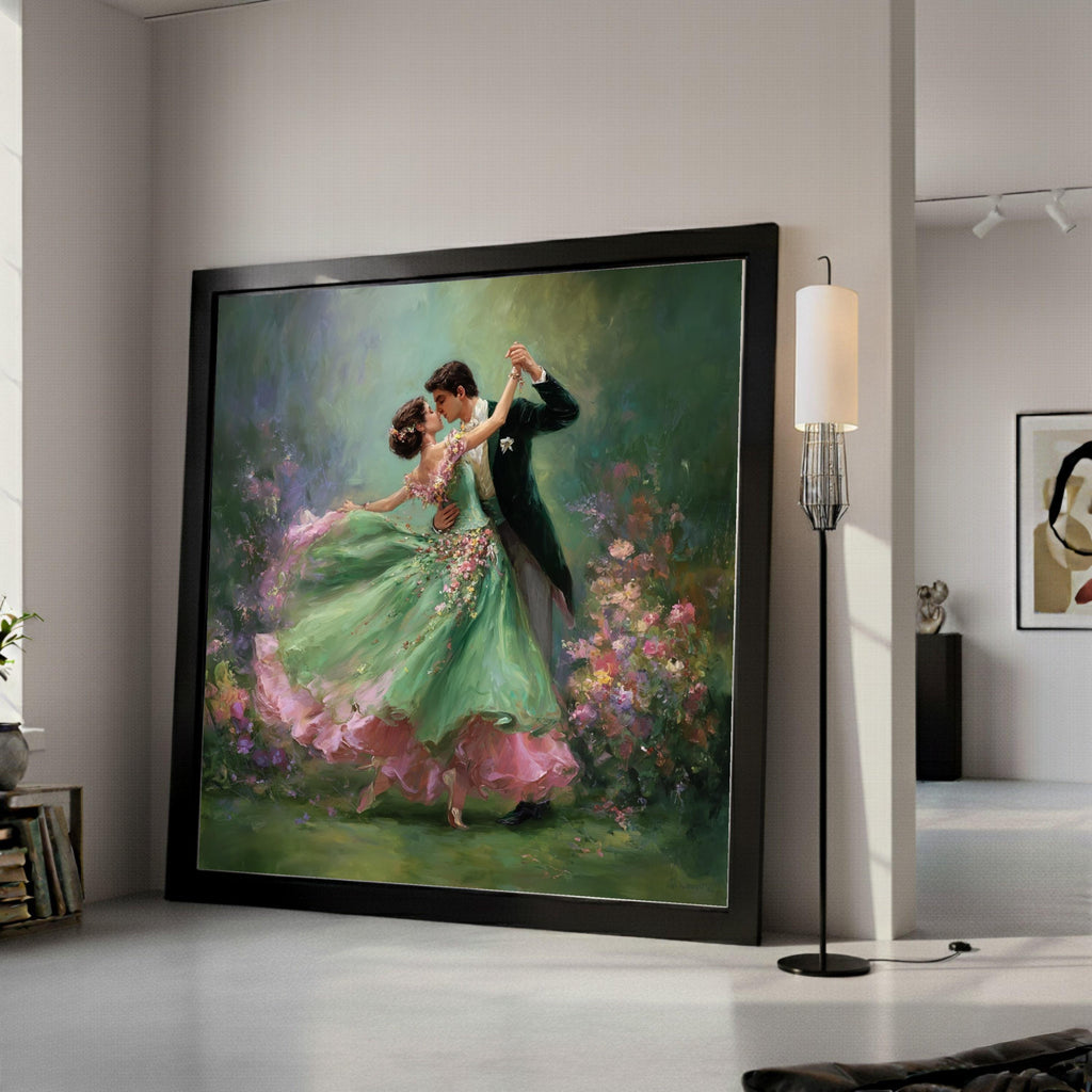 Romantic Ballroom Dance, Couple Canvas Art, Floral Dress Print, Elegant Dance Wall Art, Home Decor Painting Ready To Hang,