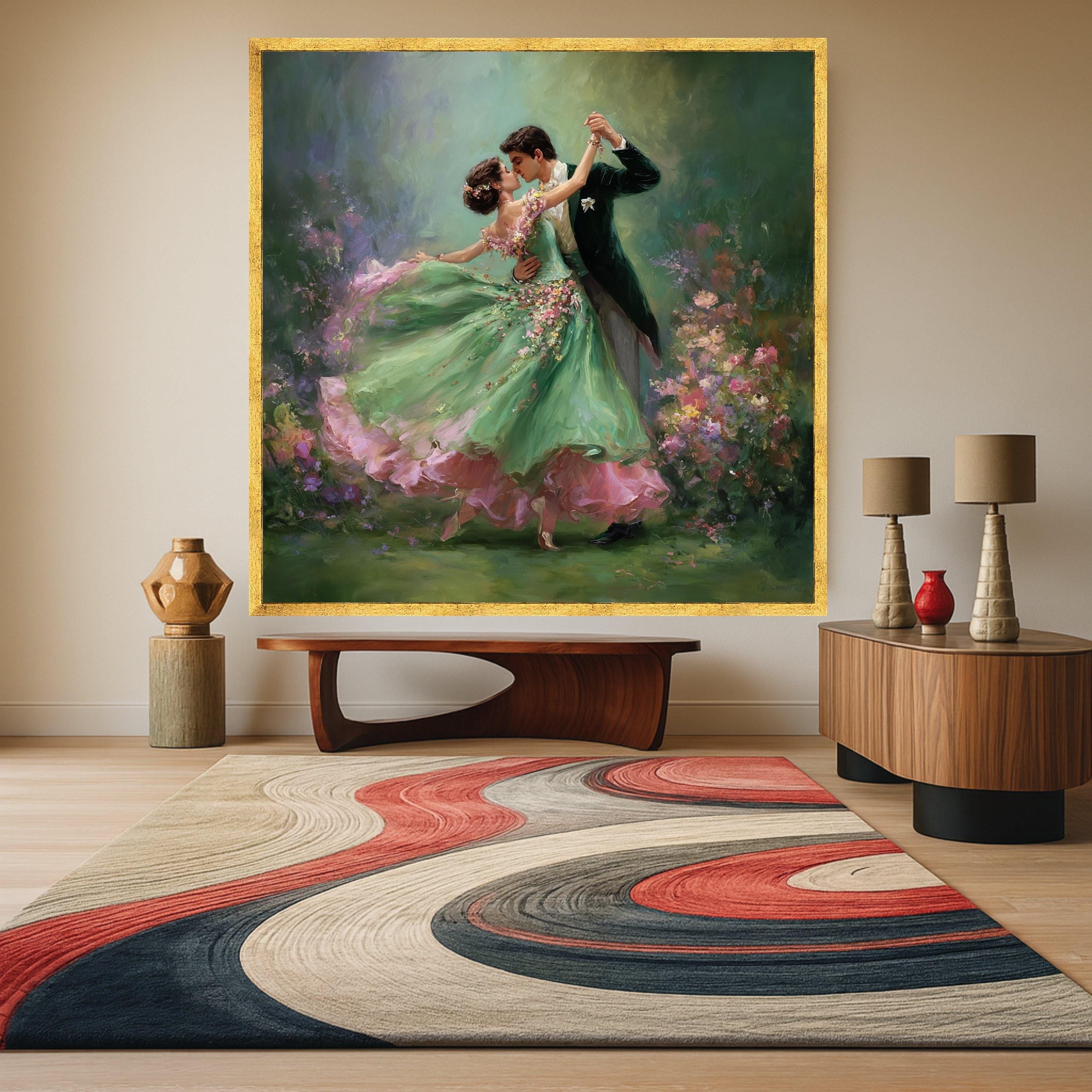 Romantic Ballroom Dance, Couple Canvas Art, Floral Dress Print, Elegant Dance Wall Art, Home Decor Painting Ready To Hang,