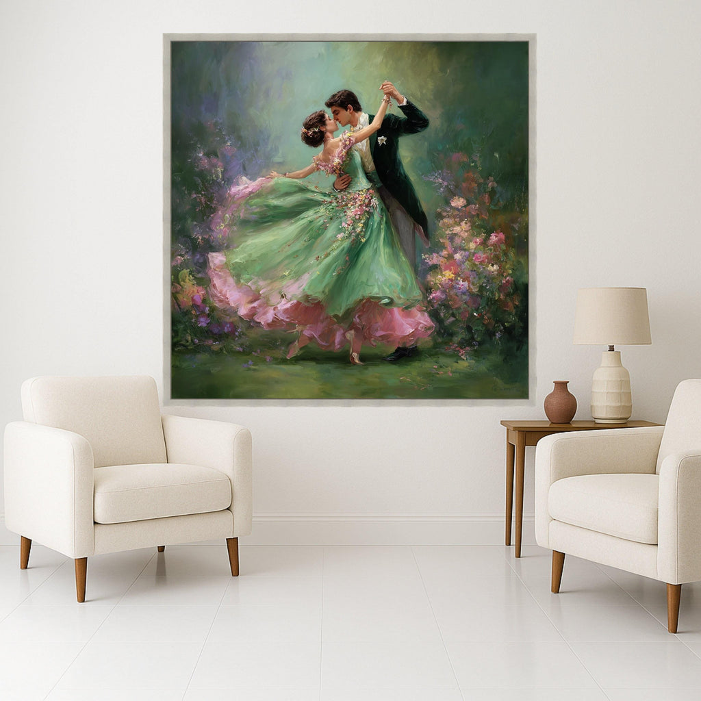 Romantic Ballroom Dance, Couple Canvas Art, Floral Dress Print, Elegant Dance Wall Art, Home Decor Painting Ready To Hang,