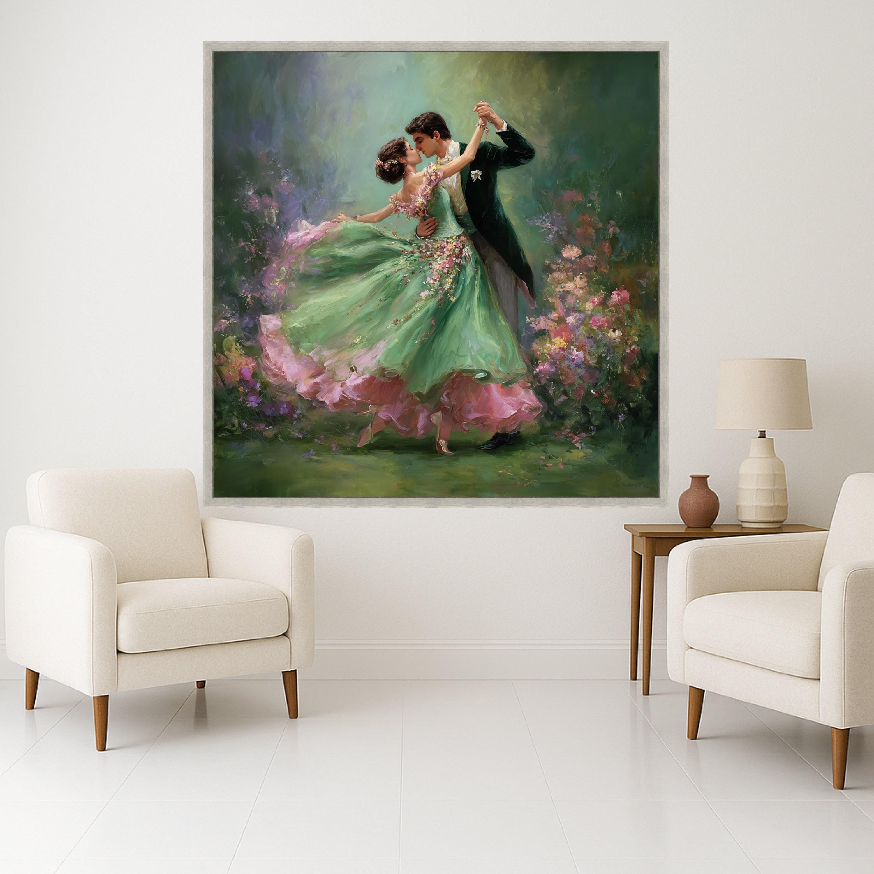 Romantic Ballroom Dance, Couple Canvas Art, Floral Dress Print, Elegant Dance Wall Art, Home Decor Painting Ready To Hang,