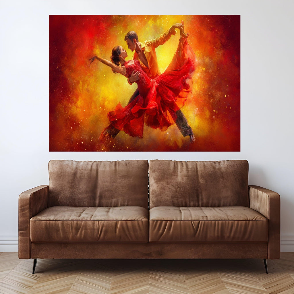 Passionate Dance Pair, Red Dress Canvas, Tango Wall Art, Flamenco Style Print, Energetic Dance Art, Home Decor Canvas Ready To Hang,