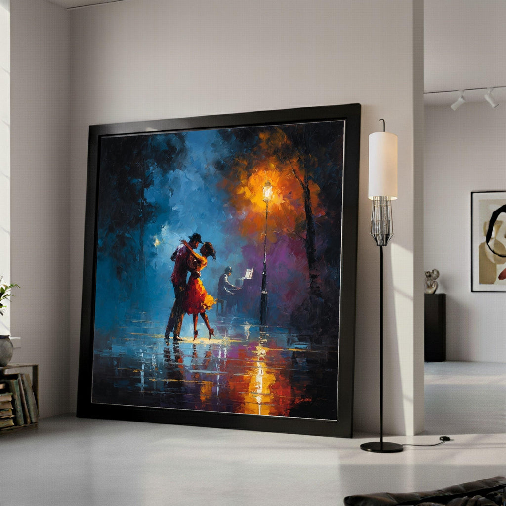 Romantic Dance Couple Canvas, Night Cityscape Art, Streetlamp Light Print, Abstract Romantic Wall Art, Piano Music Scene Ready To Hang,