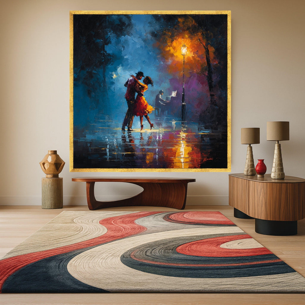 Romantic Dance Couple Canvas, Night Cityscape Art, Streetlamp Light Print, Abstract Romantic Wall Art, Piano Music Scene Ready To Hang,
