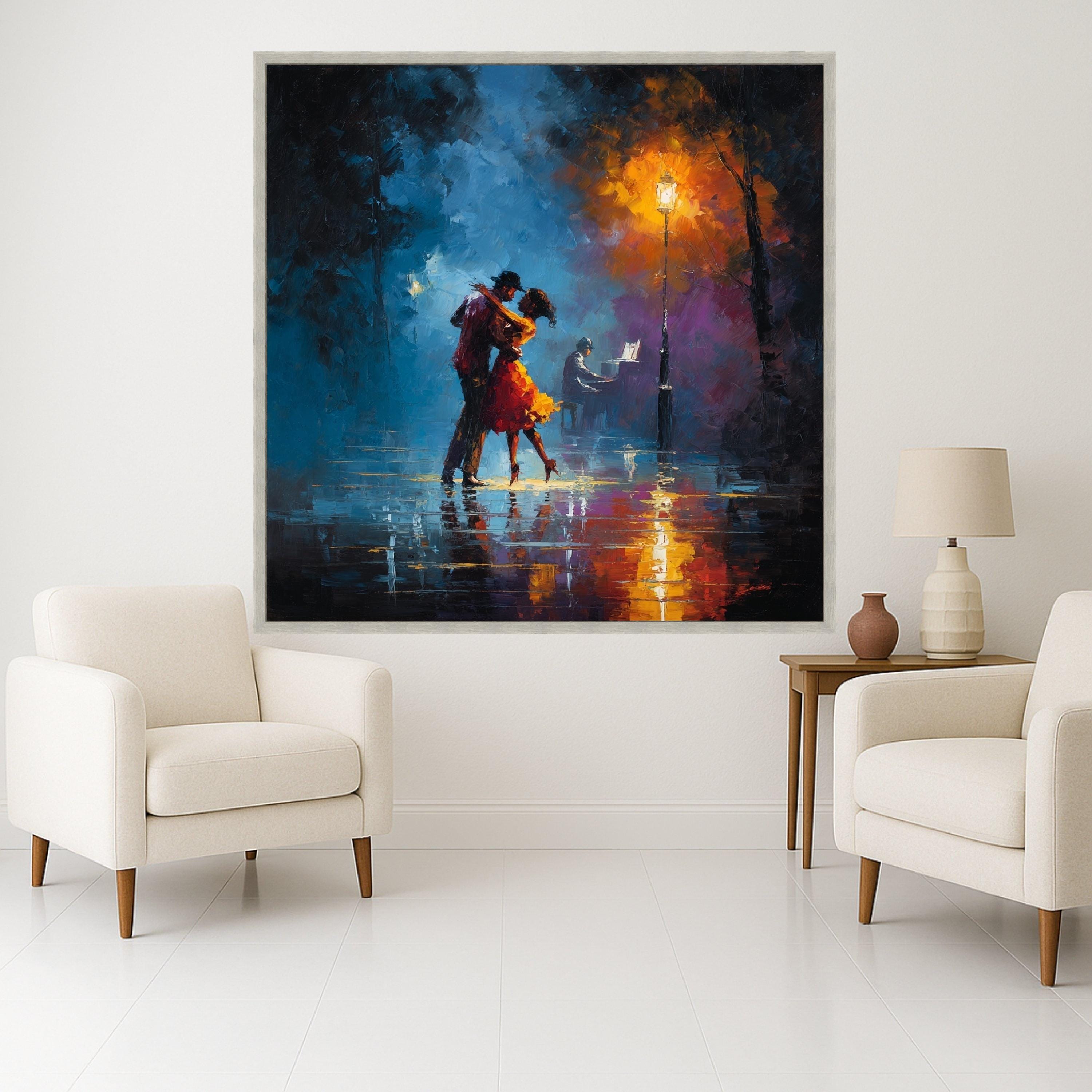 Romantic Dance Couple Canvas, Night Cityscape Art, Streetlamp Light Print, Abstract Romantic Wall Art, Piano Music Scene Ready To Hang,