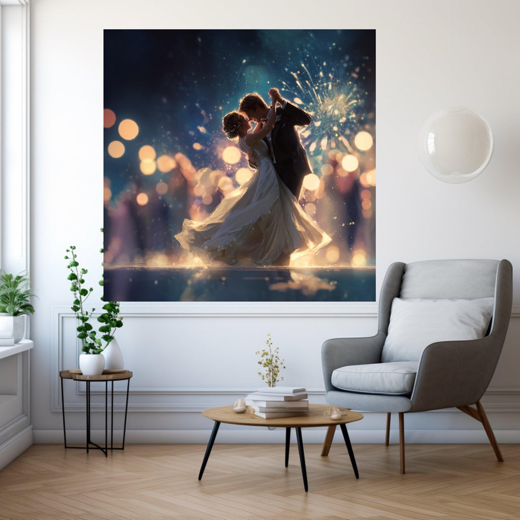 Romantic Wedding Dance, Bride and Groom Canvas, Love Celebration Art, Sparkling Night Print, Elegant Couple Wall Art Ready To Hang,