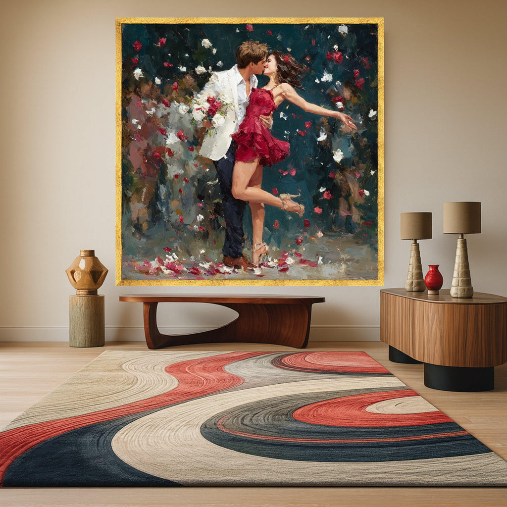 Romantic Couple Dance, Red Dress Canvas, Love Wall Art, Rose Petals Print, Home Decor Canvas Ready To Hang,