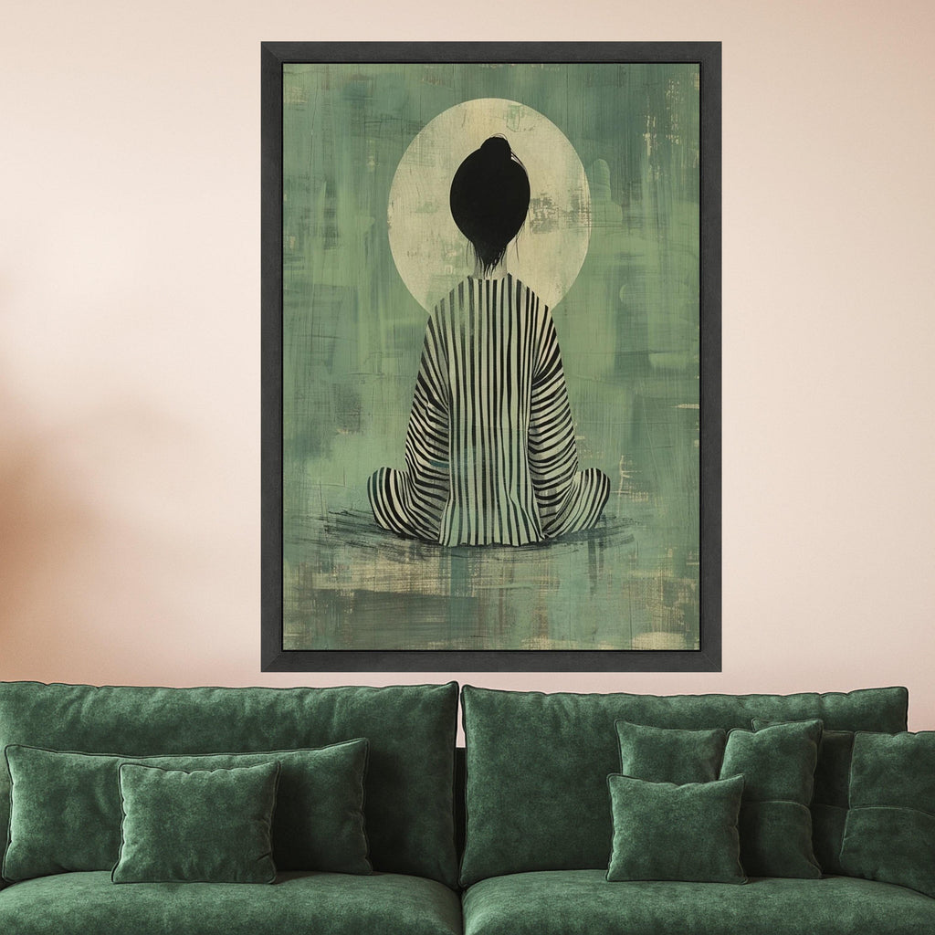 Meditative Woman Canvas, Abstract Art Print, Striped Robe Wall Art, Zen Decor Canvas, Calm Interior Design Ready To Hang,