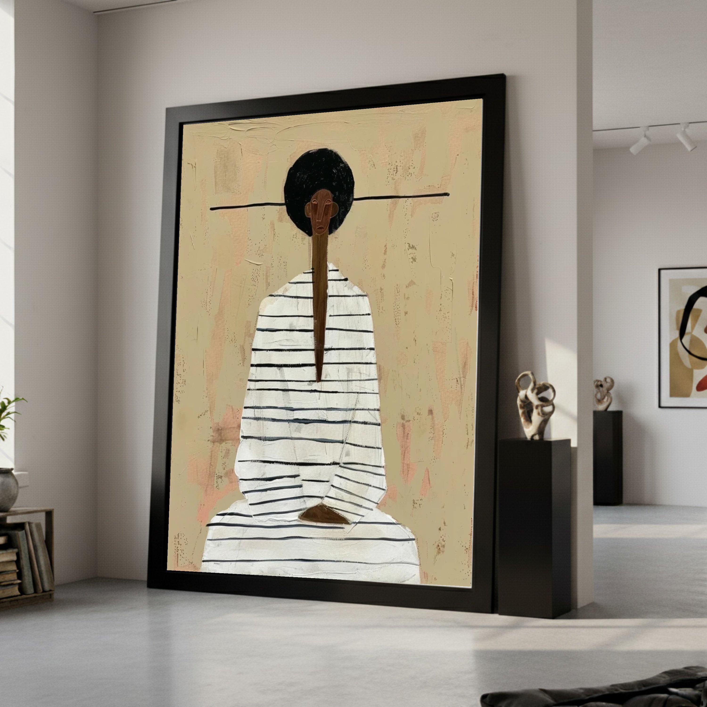 Minimalist Figure Canvas, Striped Outfit Art, Modern Abstract Wall Art, Neutral Tone Decoration Ready To Hang,