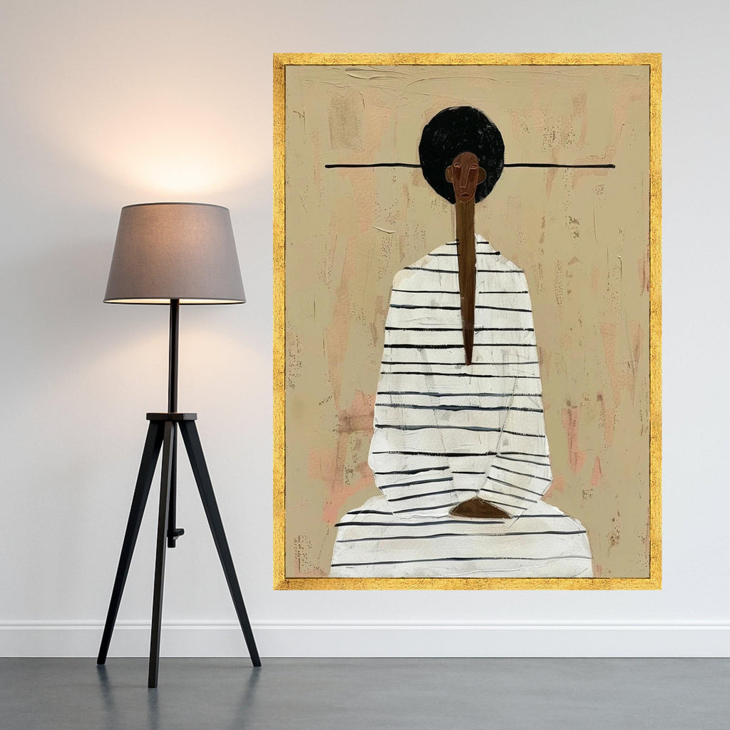Minimalist Figure Canvas, Striped Outfit Art, Modern Abstract Wall Art, Neutral Tone Decoration Ready To Hang,