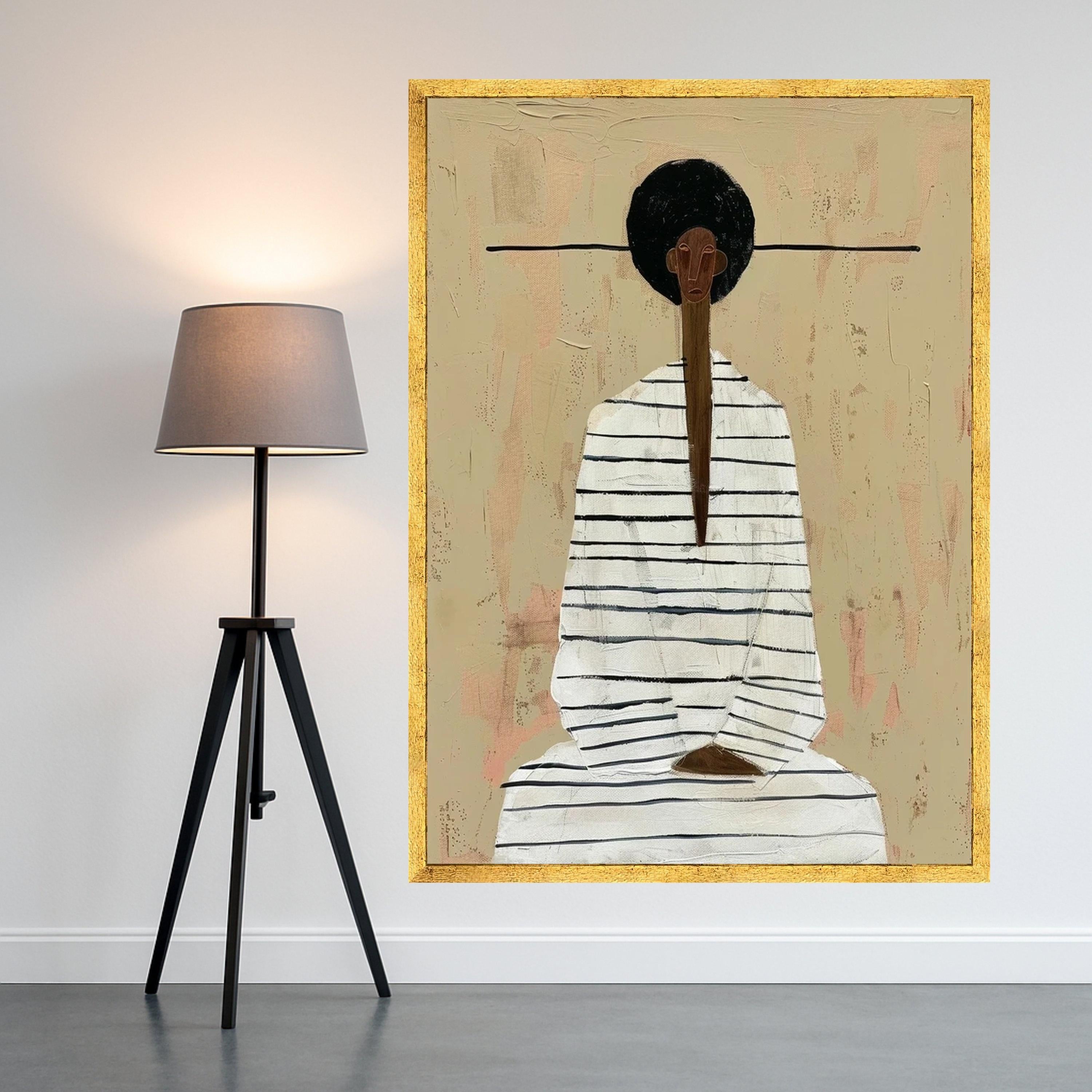 Minimalist Figure Canvas, Striped Outfit Art, Modern Abstract Wall Art, Neutral Tone Decoration Ready To Hang,