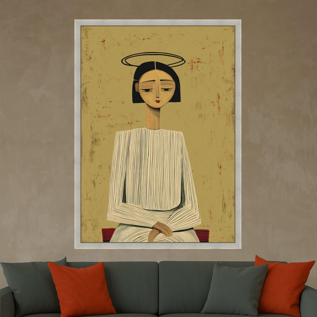 Minimalist Figure with Halo, Striped Outfit Canvas, Modern Abstract Wall Art, Geometric Portrait Canvas Ready To Hang,