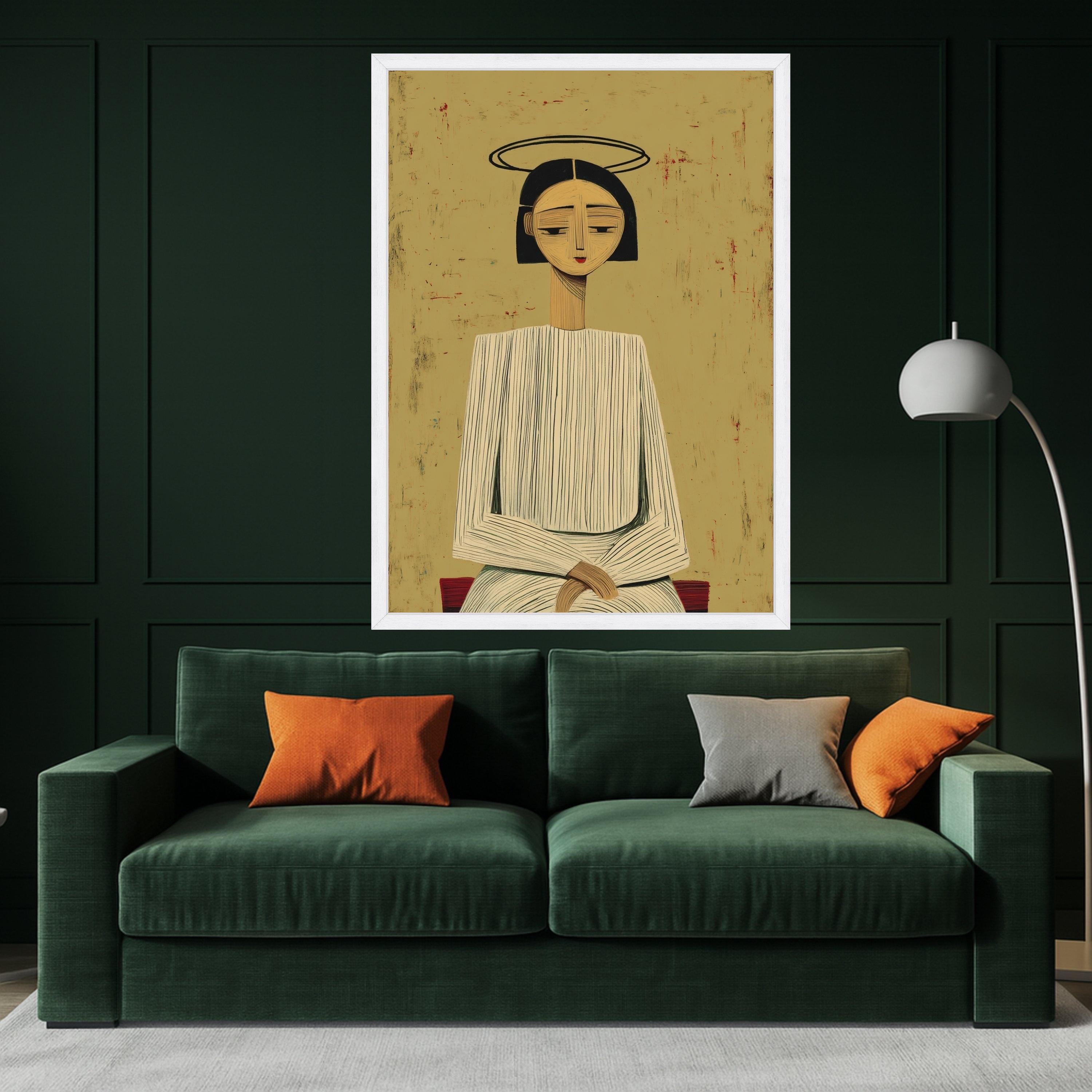 Minimalist Figure with Halo, Striped Outfit Canvas, Modern Abstract Wall Art, Geometric Portrait Canvas Ready To Hang,