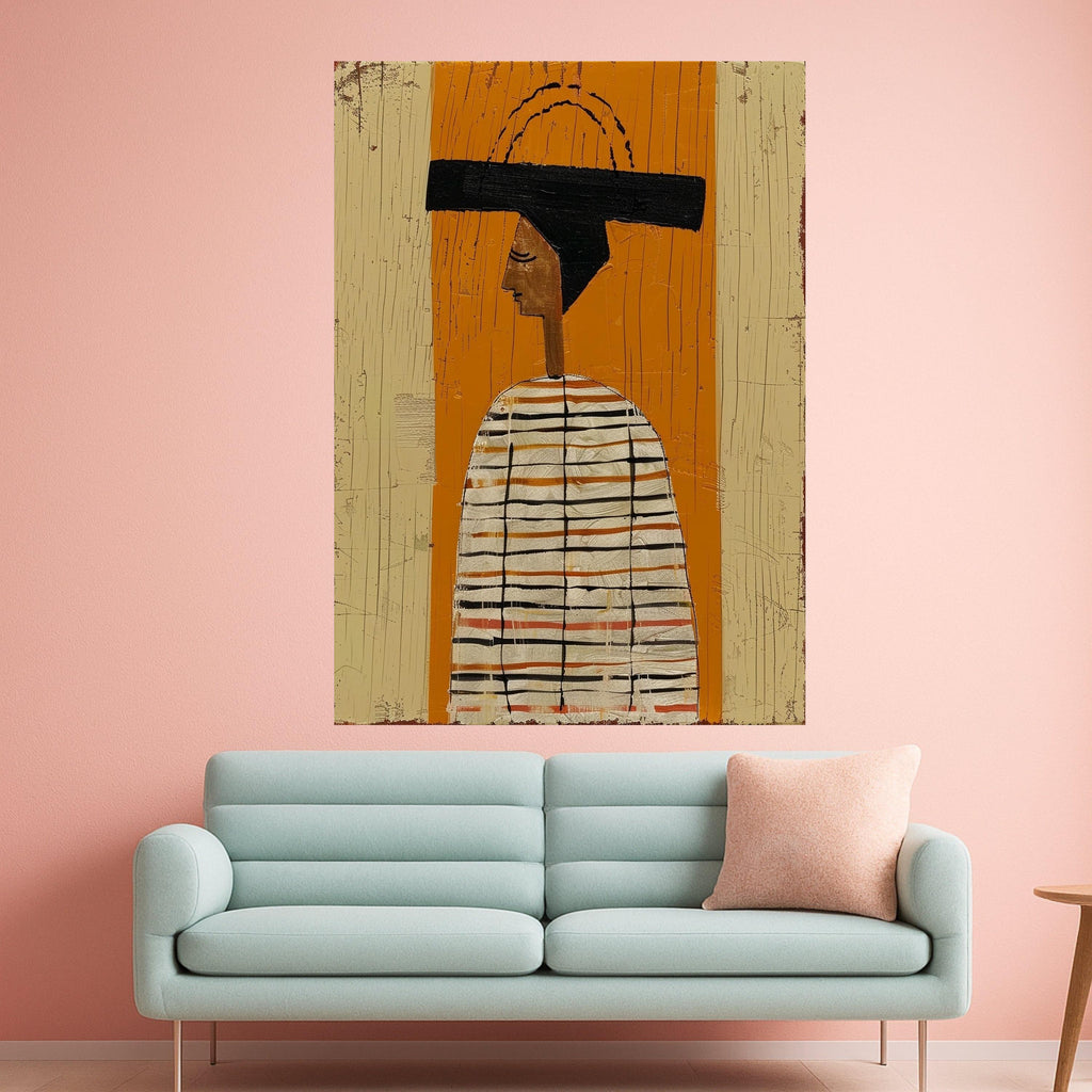 Minimalist Figure Canvas, Striped Outfit Wall Art, Modern Abstract Canvas, Large Decorative Art Ready To Hang,