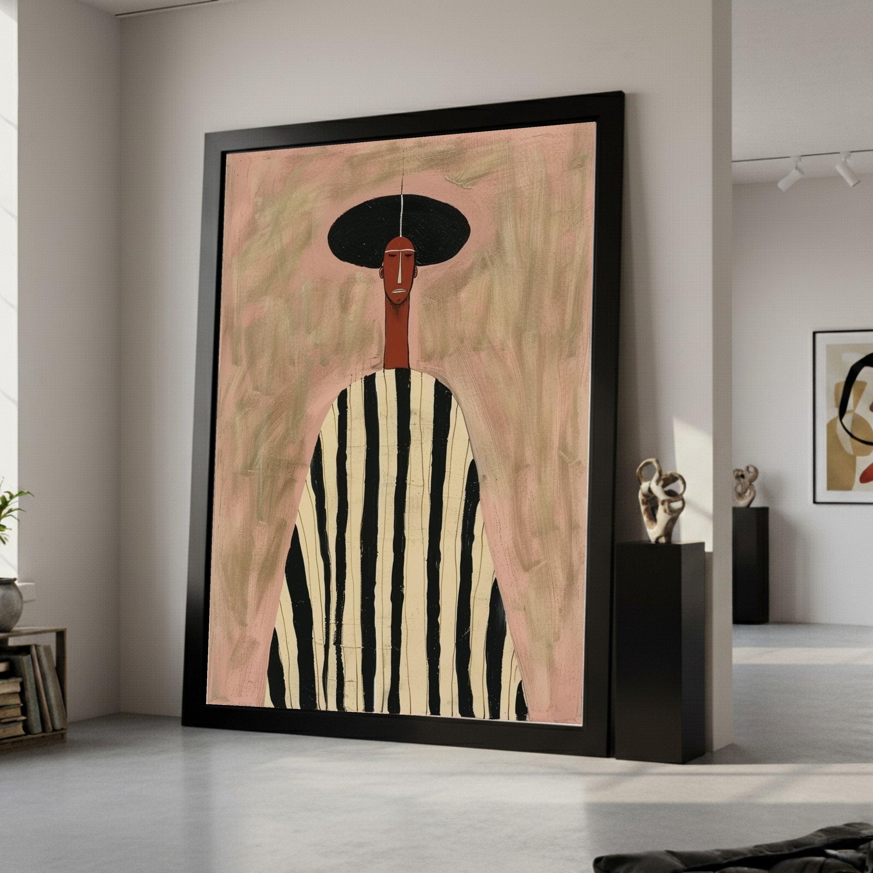 Minimalist Figure Canvas, Striped Outfit Art, Modern Wall Decoration, Abstract Portrait Canvas Ready To Hang,