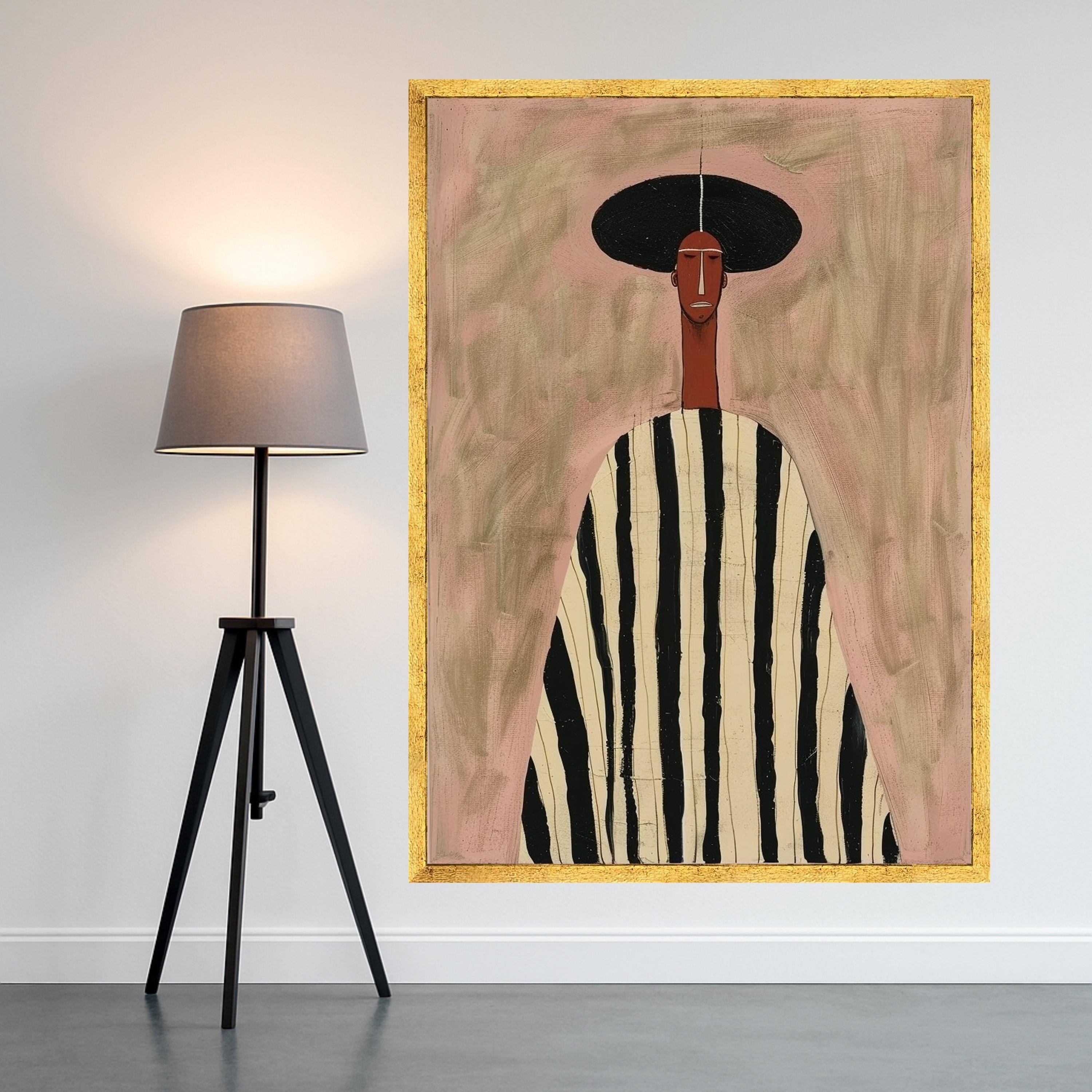 Minimalist Figure Canvas, Striped Outfit Art, Modern Wall Decoration, Abstract Portrait Canvas Ready To Hang,