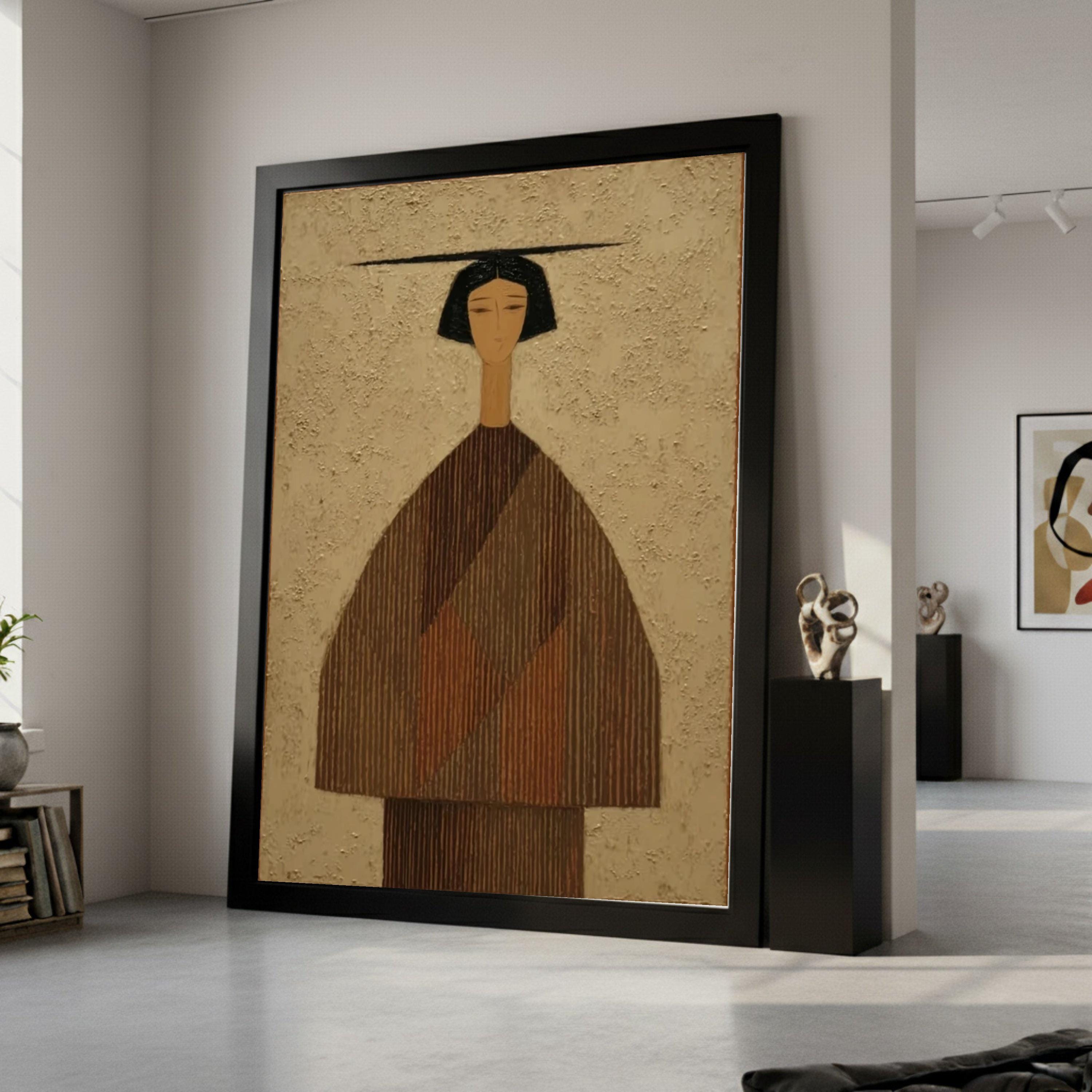 Minimalist Figure Canvas, Striped Outfit Art, Modern Abstract Wall Decor, Neutral Tones, Large Canvas Painting Ready To Hang,
