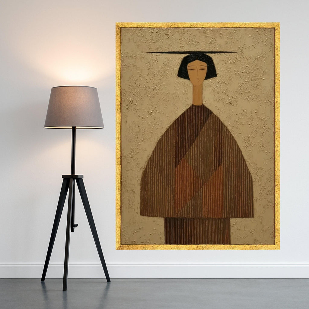 Minimalist Figure Canvas, Striped Outfit Art, Modern Abstract Wall Decor, Neutral Tones, Large Canvas Painting Ready To Hang,