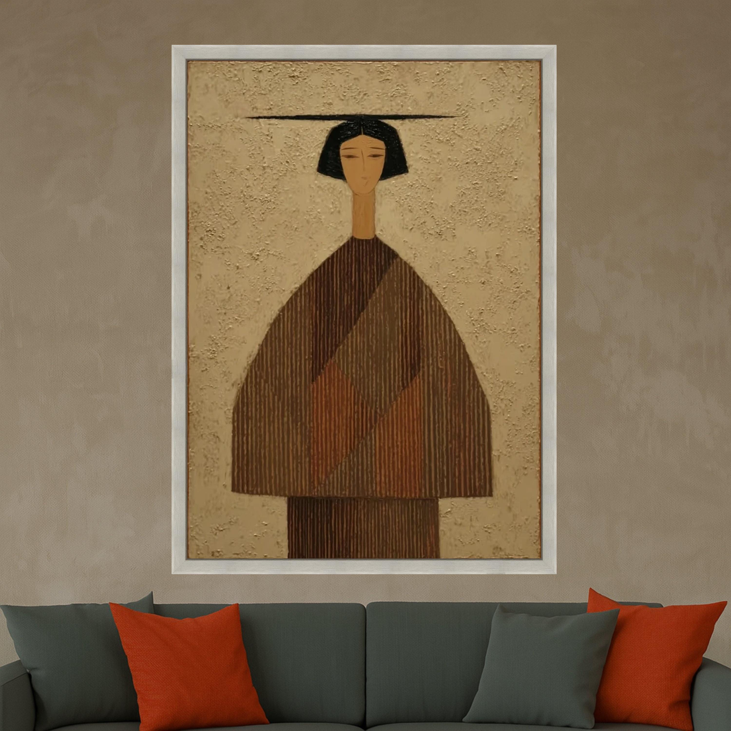 Minimalist Figure Canvas, Striped Outfit Art, Modern Abstract Wall Decor, Neutral Tones, Large Canvas Painting Ready To Hang,