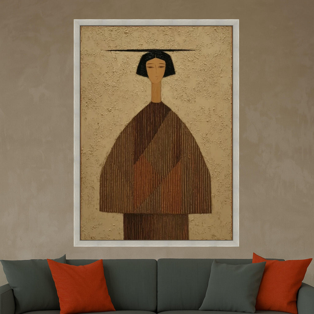 Minimalist Figure Canvas, Striped Outfit Art, Modern Abstract Wall Decor, Neutral Tones, Large Canvas Painting Ready To Hang,
