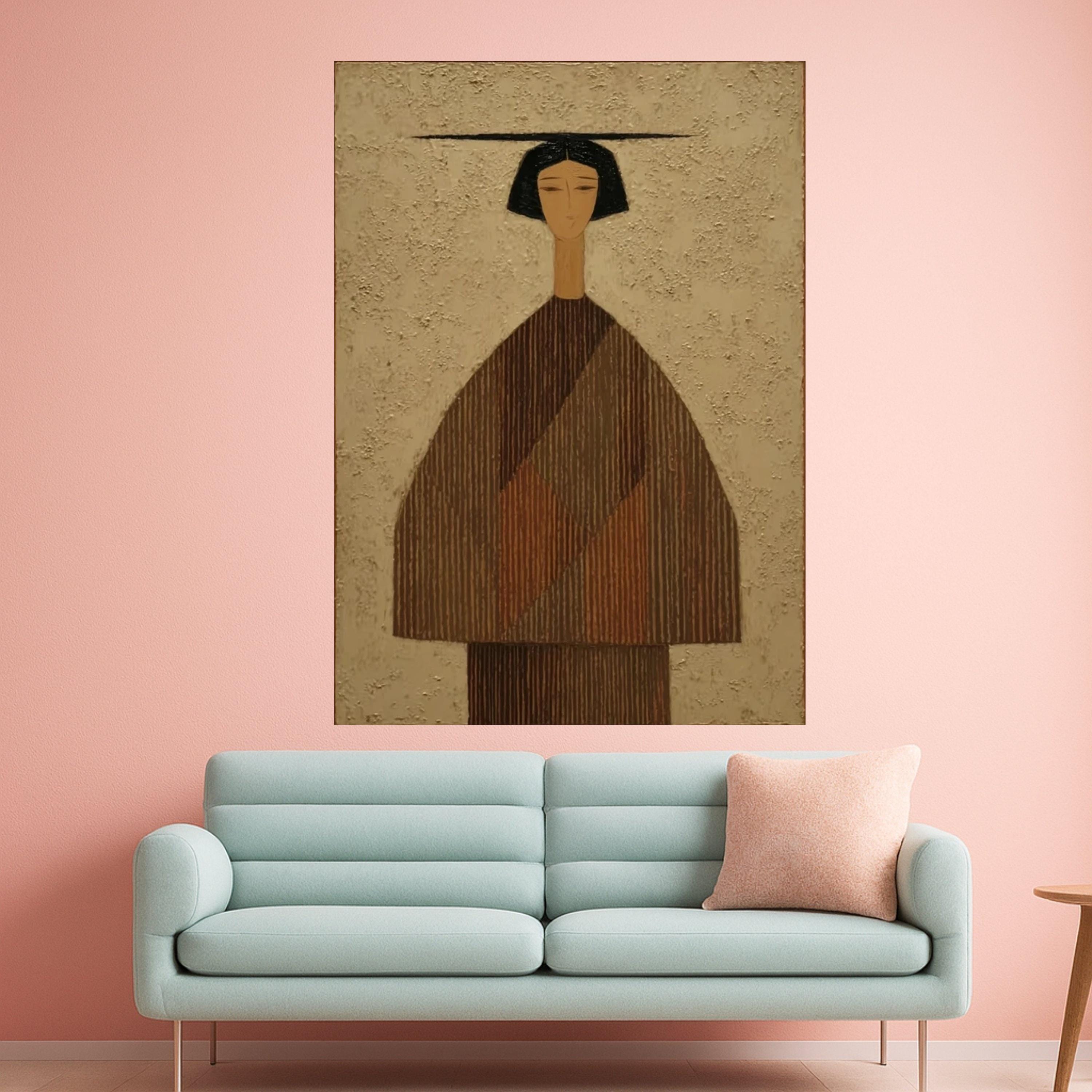 Minimalist Figure Canvas, Striped Outfit Art, Modern Abstract Wall Decor, Neutral Tones, Large Canvas Painting Ready To Hang,