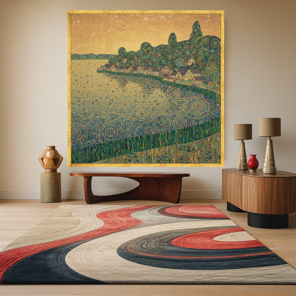 Enchanted Lakeside Village Canvas, Abstract Geometric Landscape Art, Modern Decorative Wall Art, Home Décor, Vibrant Nature Ready To Hang,