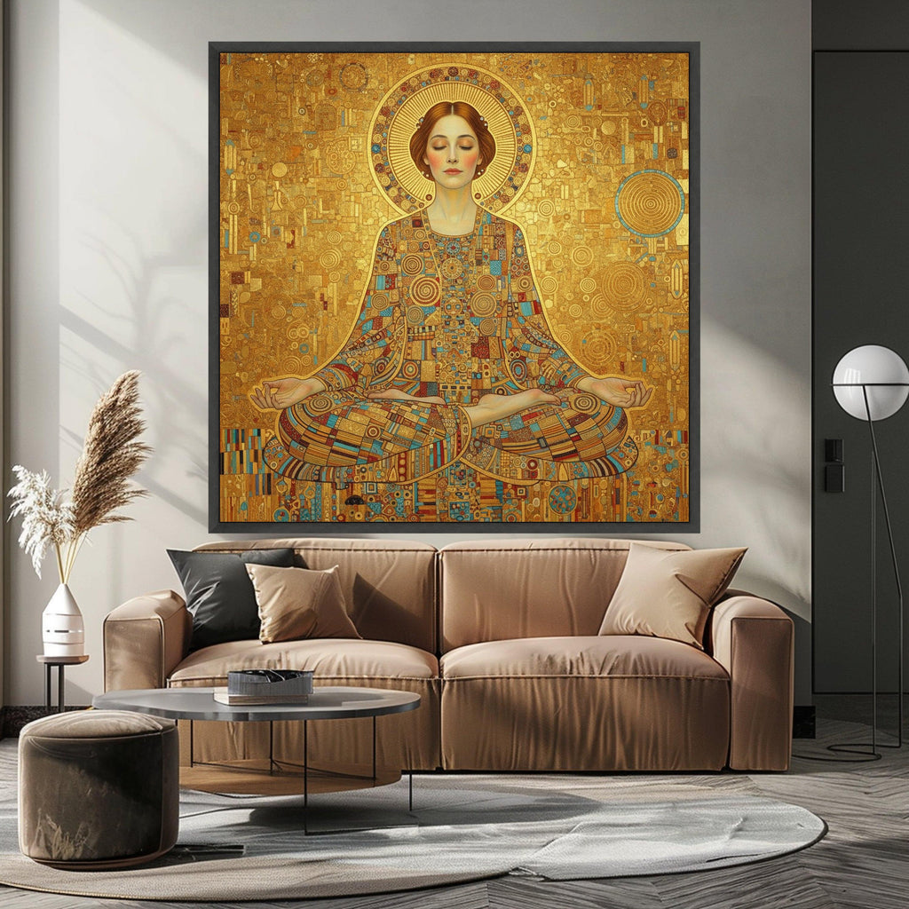 Meditative Woman in Gold Mosaic, Abstract Spiritual Canvas Art, Geometric Pattern Wall Decor, Modern Meditation Canvas, Yoga Ready To Hang,