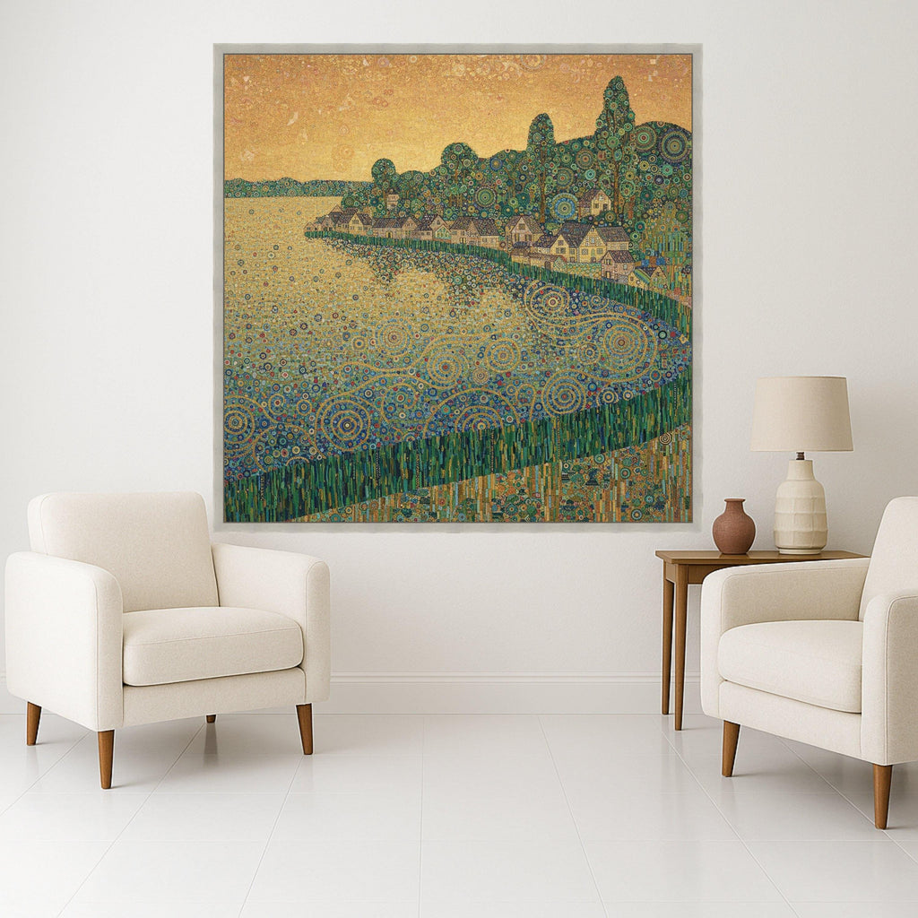 Enchanted Lakeside Village Canvas, Abstract Geometric Landscape Art, Modern Decorative Wall Art, Home Décor, Vibrant Nature Ready To Hang,