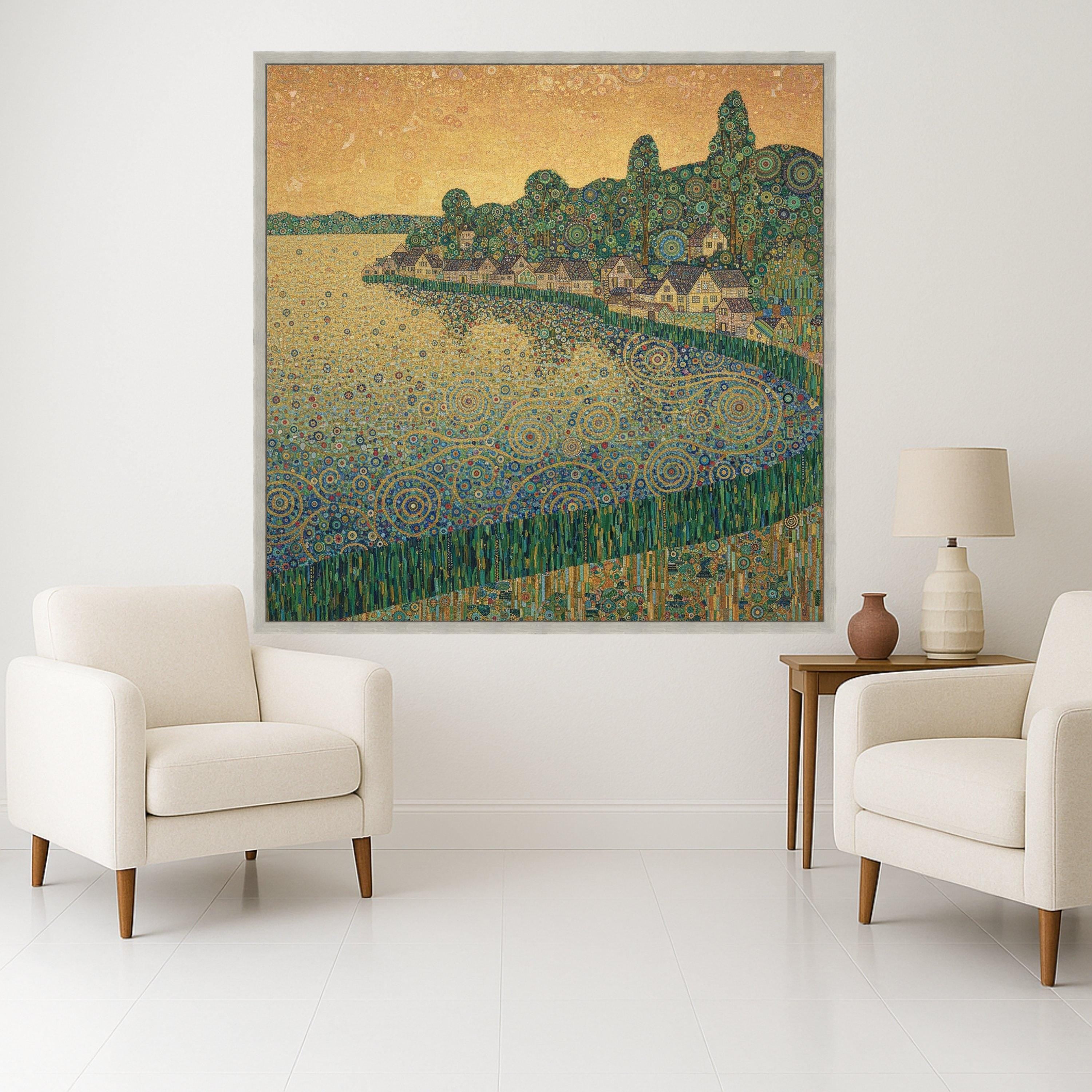 Enchanted Lakeside Village Canvas, Abstract Geometric Landscape Art, Modern Decorative Wall Art, Home Décor, Vibrant Nature Ready To Hang,