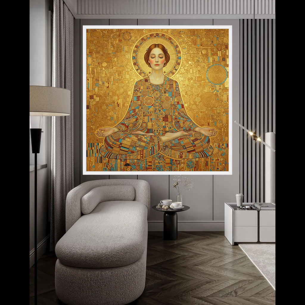 Meditative Woman in Gold Mosaic, Abstract Spiritual Canvas Art, Geometric Pattern Wall Decor, Modern Meditation Canvas, Yoga Ready To Hang,