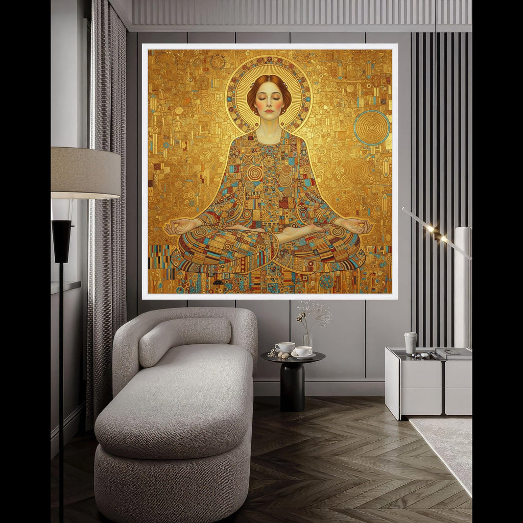 Meditative Woman in Gold Mosaic, Abstract Spiritual Canvas Art, Geometric Pattern Wall Decor, Modern Meditation Canvas, Yoga Ready To Hang,