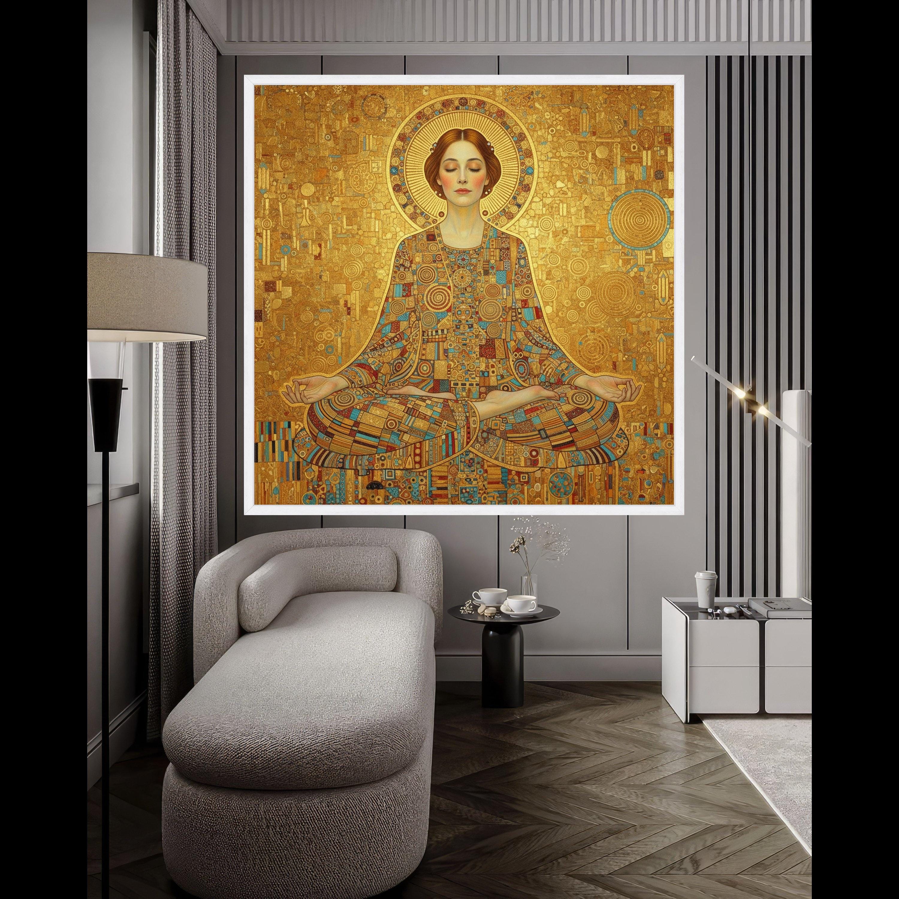 Meditative Woman in Gold Mosaic, Abstract Spiritual Canvas Art, Geometric Pattern Wall Decor, Modern Meditation Canvas, Yoga Ready To Hang,