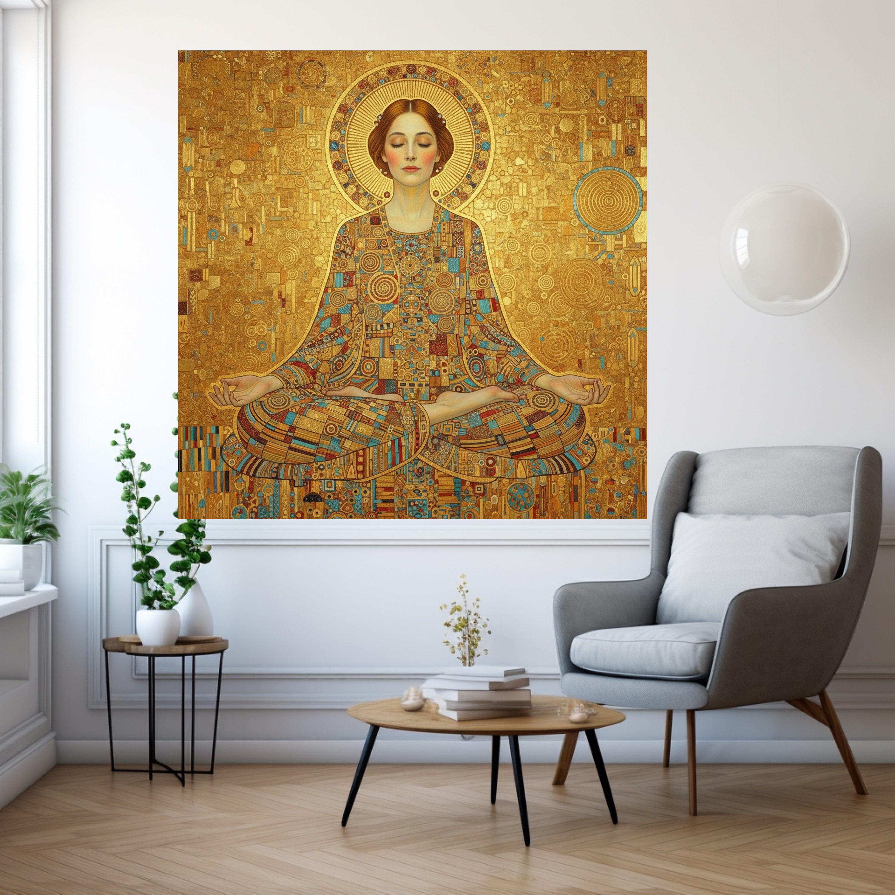 Meditative Woman in Gold Mosaic, Abstract Spiritual Canvas Art, Geometric Pattern Wall Decor, Modern Meditation Canvas, Yoga Ready To Hang,