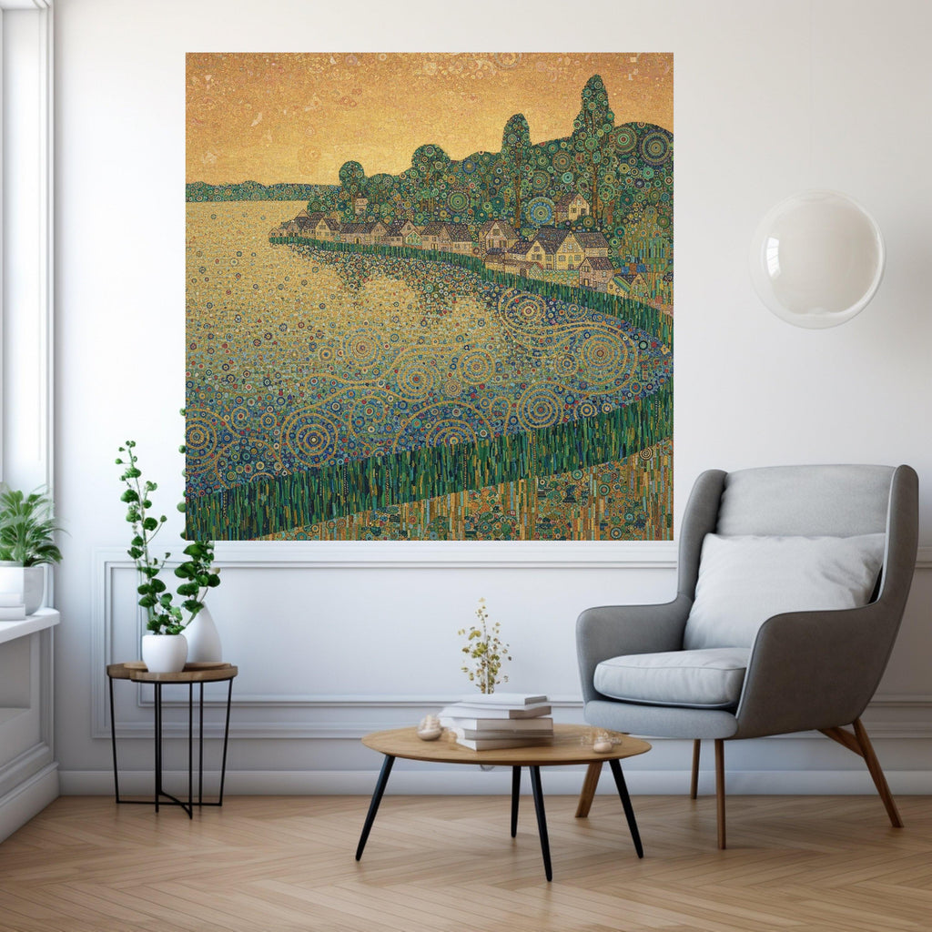 Enchanted Lakeside Village Canvas, Abstract Geometric Landscape Art, Modern Decorative Wall Art, Home Décor, Vibrant Nature Ready To Hang,